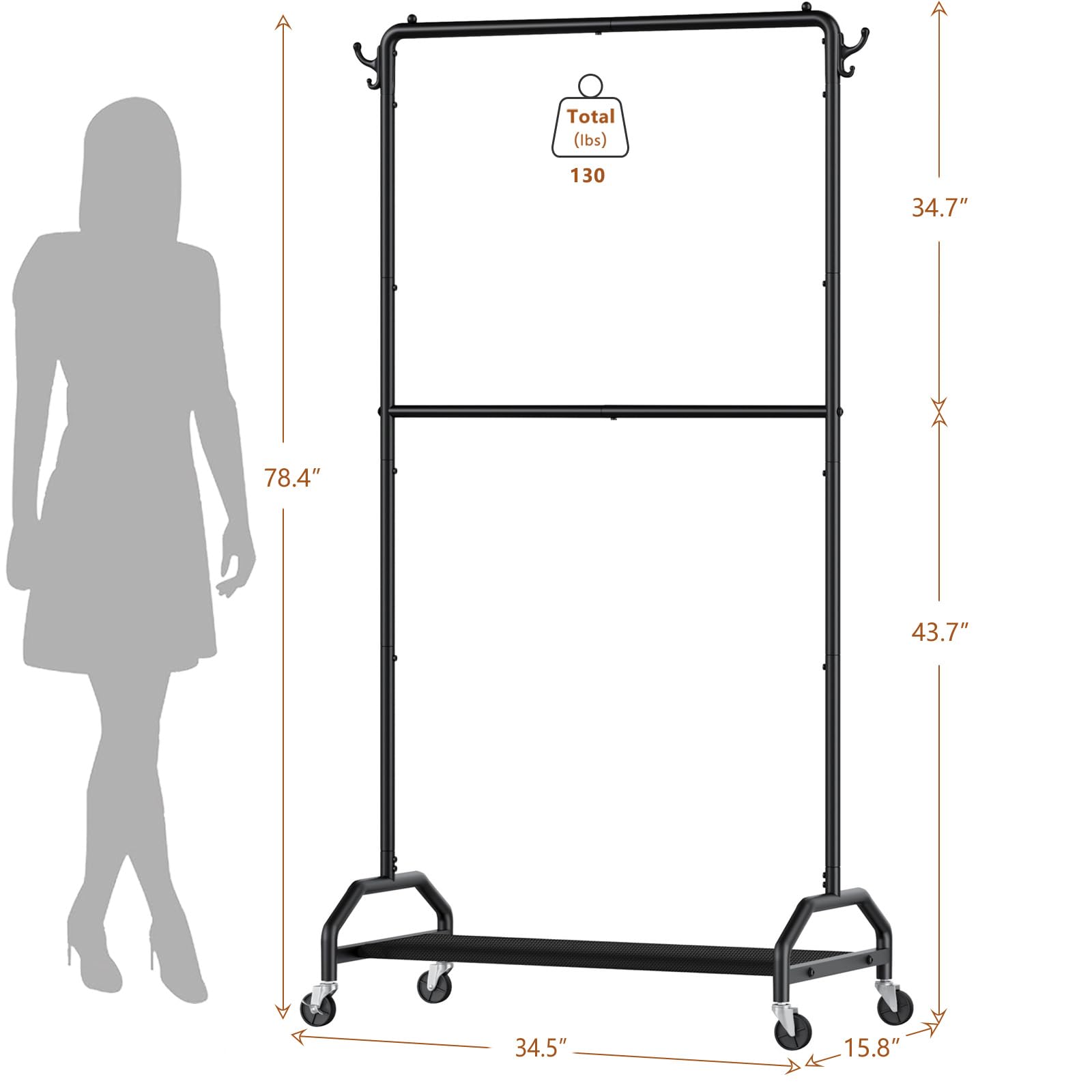 Total (lbs) 130  
34.7" X 78.4" X 43.7" X 34.5" X 15.8"