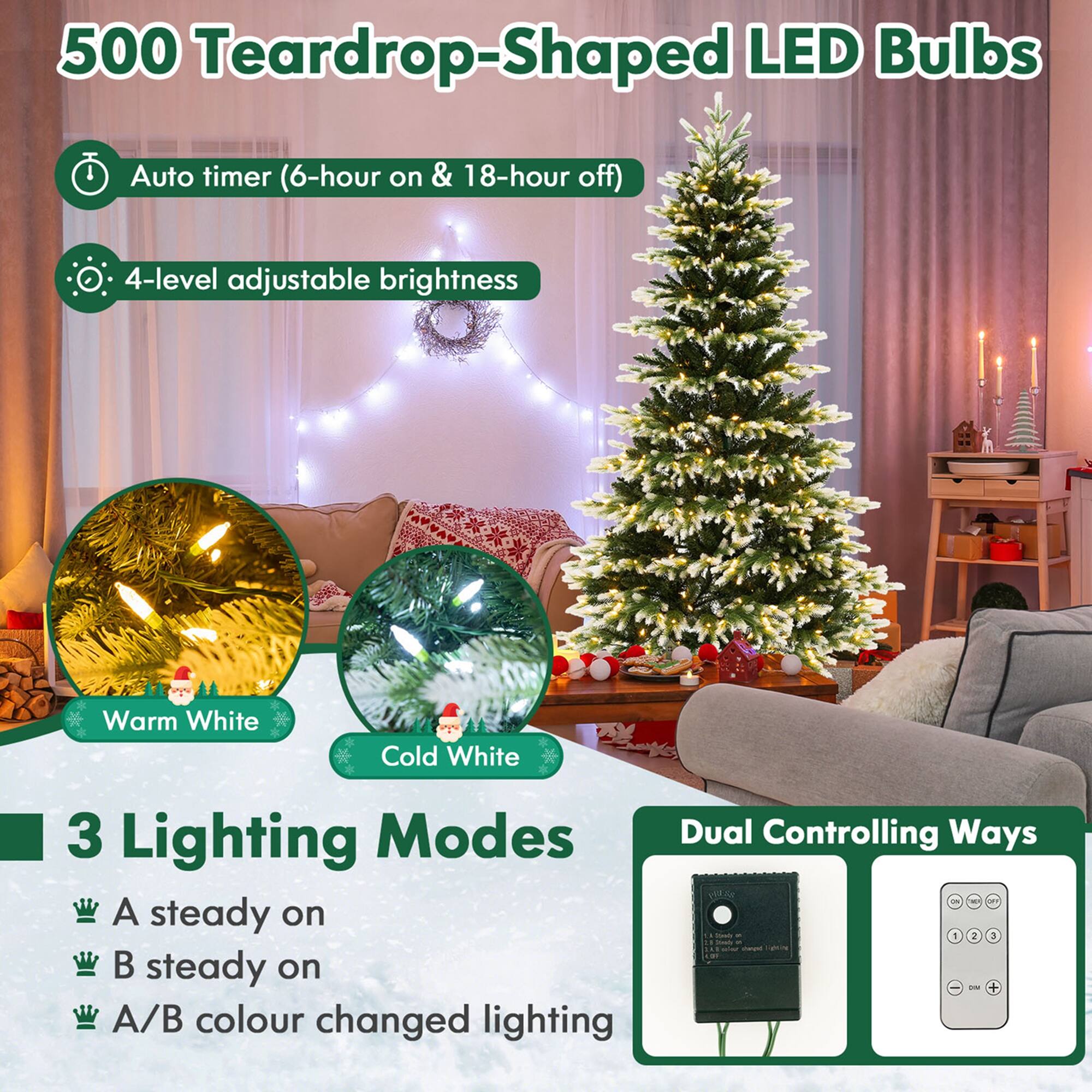 Costway 7 FT PreLit Christmas Tree 3 Modes Hinged with Quick Power