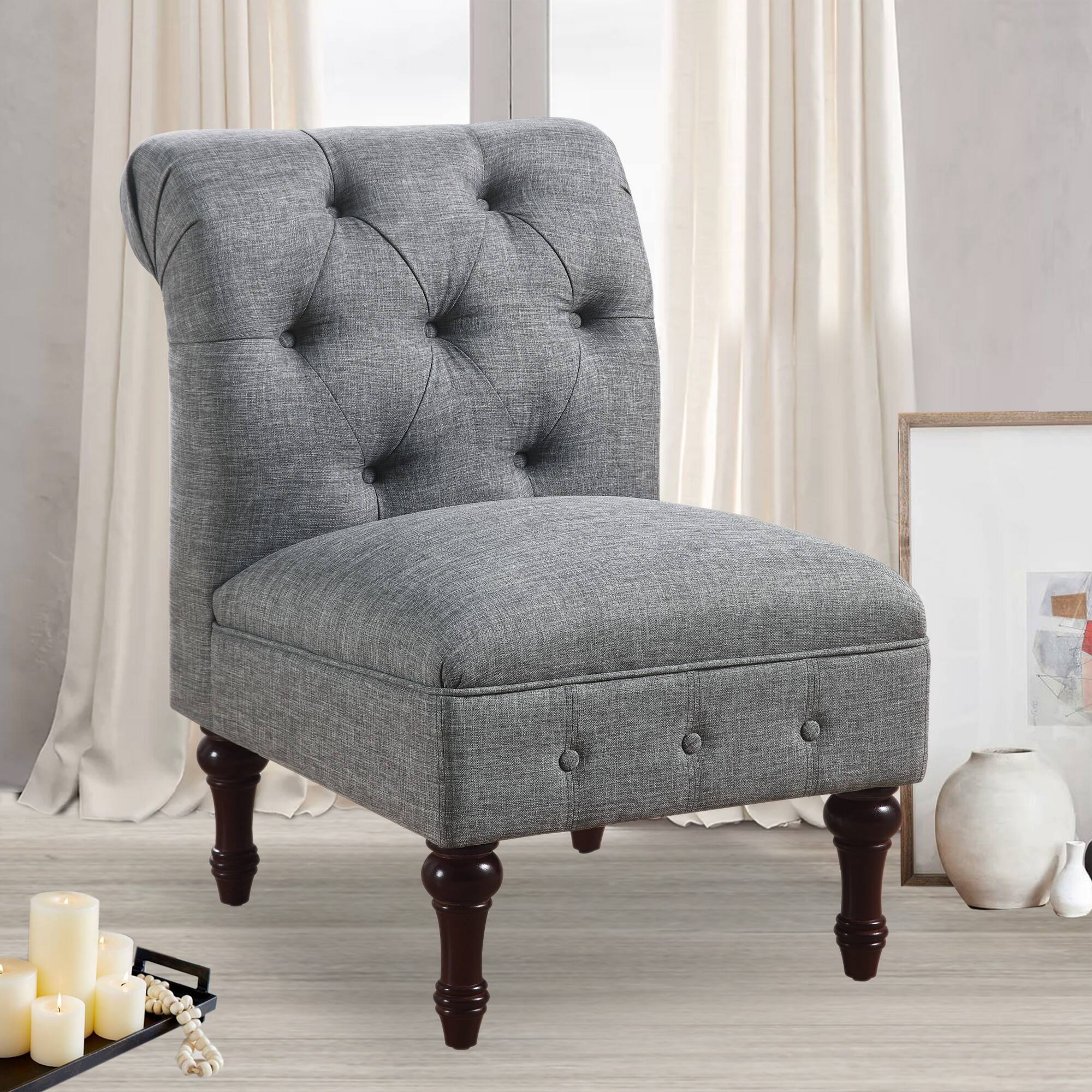 Front. Boyel Living - Linen Button Tufted Accent Chair with Solid Wood Legs - Light Gray.