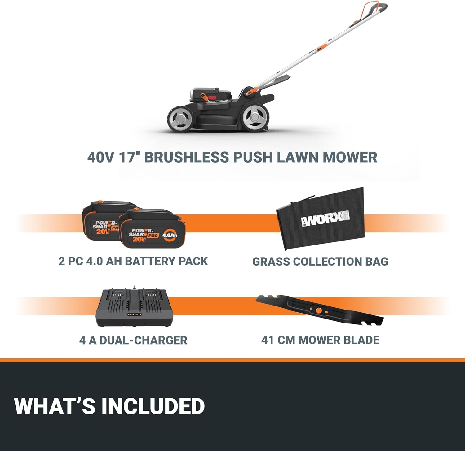 40V 17" BRUSHLESS PUSH LAWN MOWER  
2 PC 4.0 AH BATTERY PACK  
4 A DUAL-CHARGER  
GRASS COLLECTION BAG  
41 CM MOWER BLADE  

WHAT'S INCLUDED