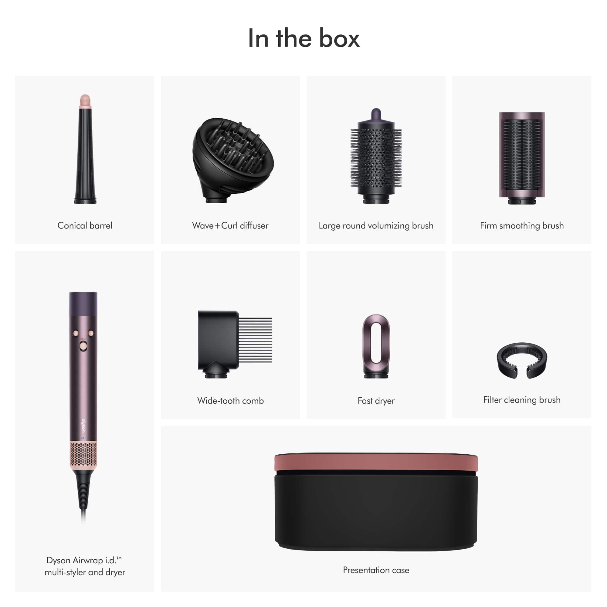 In the box, there are various hair care products, including a conical barrel, a wave and curl diffuser, a large round volumizing brush, a firm smoothing brush, a wide-tooth comb, a fast dryer, a filter cleaning brush, a Dyson Airwrap multi-styler and dryer, and a presentation case.