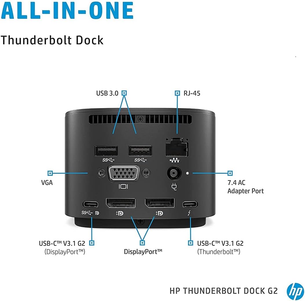 ALL-IN-ONE Thunderbolt Dock

- USB 3.0
- RJ-45
- VGA
- 7.4 AC Adapter Port
- USB-C™ V3.1 G2 (DisplayPort™)
- DisplayPort™
- USB-C™ V3.1 G2 (Thunderbolt™)

HP THUNDERBOLT DOCK G2