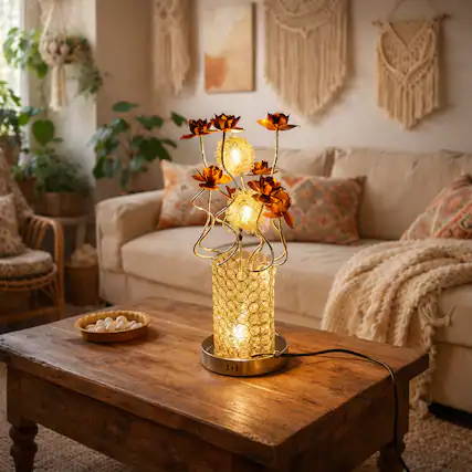 Front. FC Design - 24"H Gold Textured Vase w/ Artistic Coral Floral Stem Table Lamp.