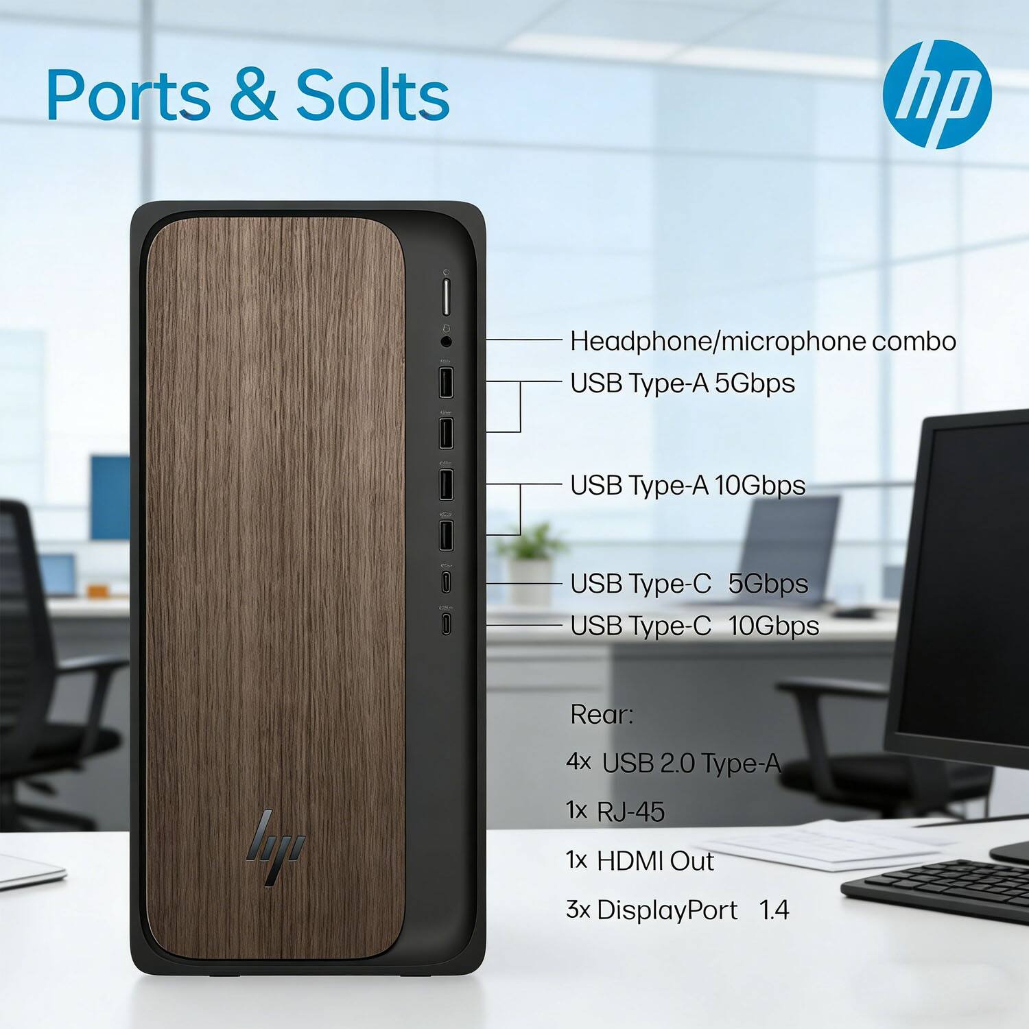 Ports & Slots

Headphone/microphone combo  
USB Type-A 5Gbps  
USB Type-A 10Gbps  
USB Type-C 5Gbps  
USB Type-C 10Gbps  

Rear:  
4x USB 2.0 Type-A  
1x RJ-45  
1x HDMI Out  
3x DisplayPort 1.4