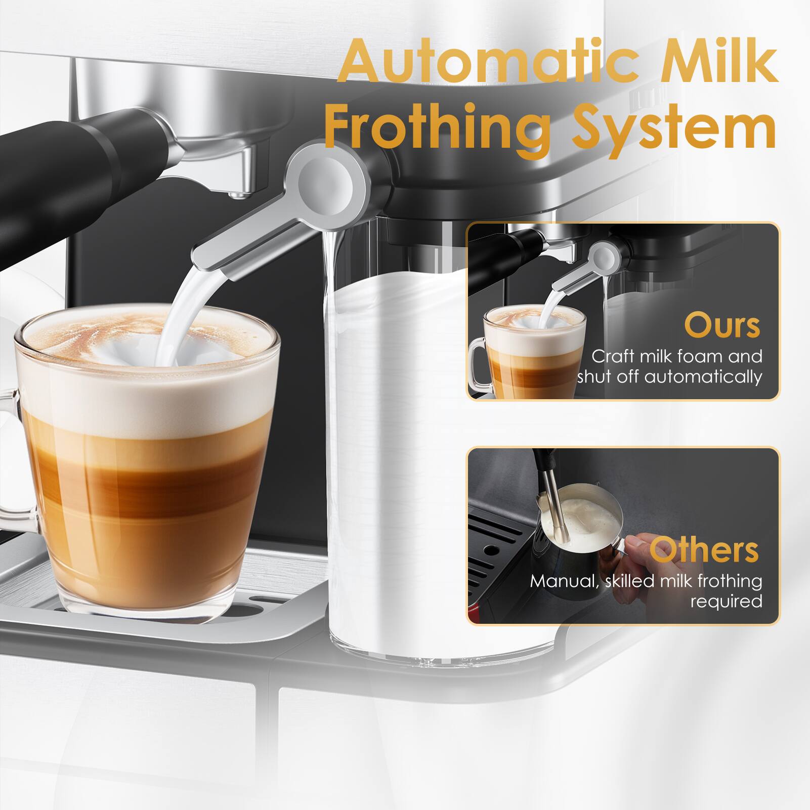 Automatic Milk Frothing System

Ours
Craft milk foam and shut off automatically

Others
Manual, skilled milk frothing required