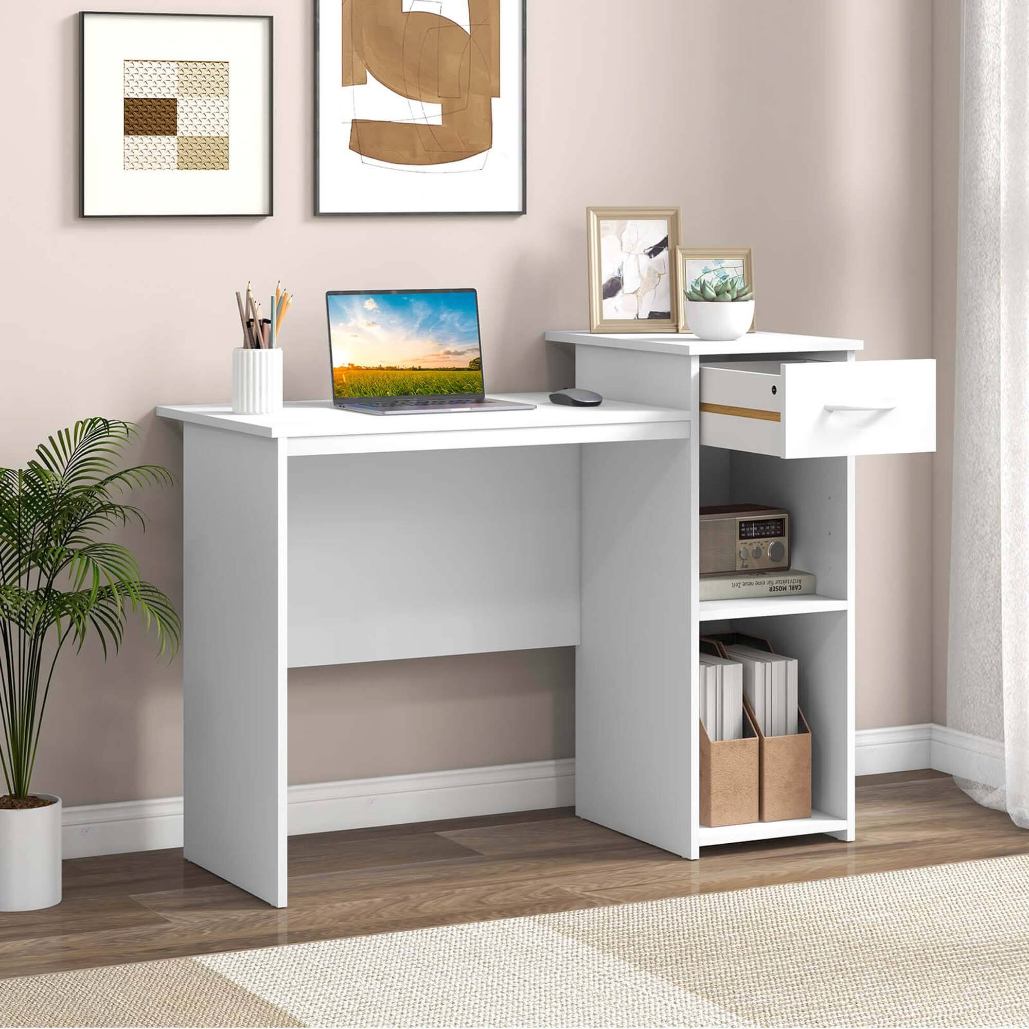 Alt View 3. Costway - Costway Computer Desk with Drawer Modern Laptop PC Desk with Adjustable Shelf & Cable Hole - White.
