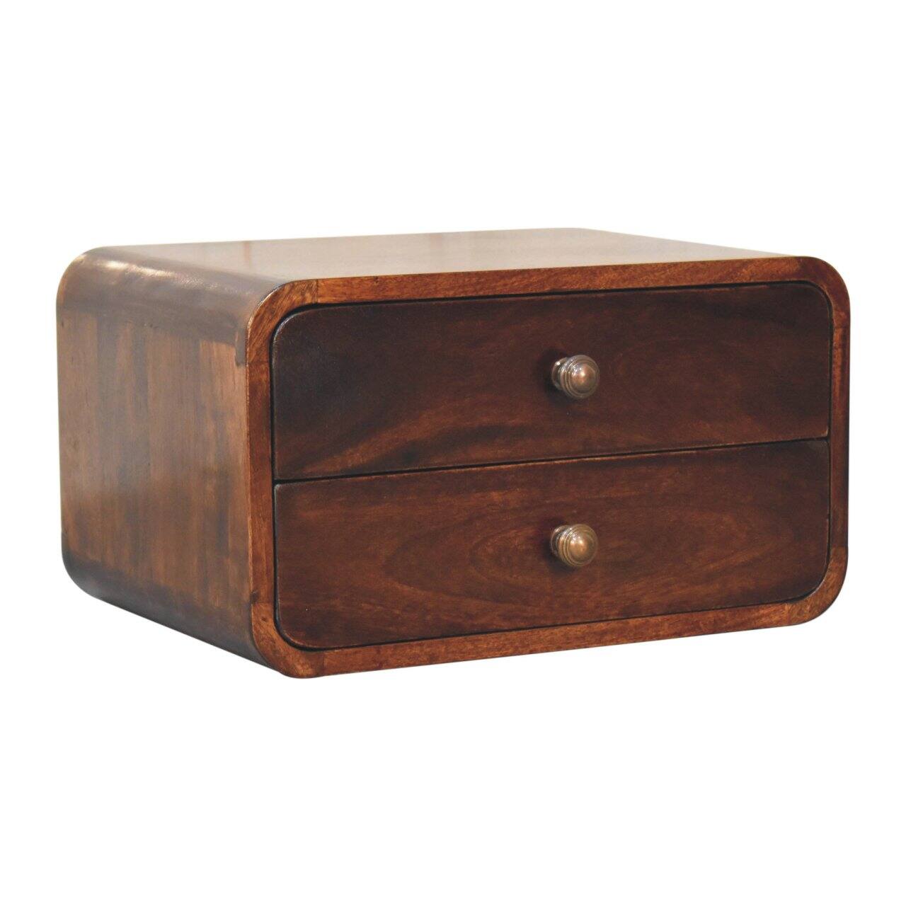 Left. Artisan Furniture - Artisan Furniture Solid Wood Curved California Walnut Wall Mounted Bedside, 2 Drawers, Dark Brown - Walnut Finish.