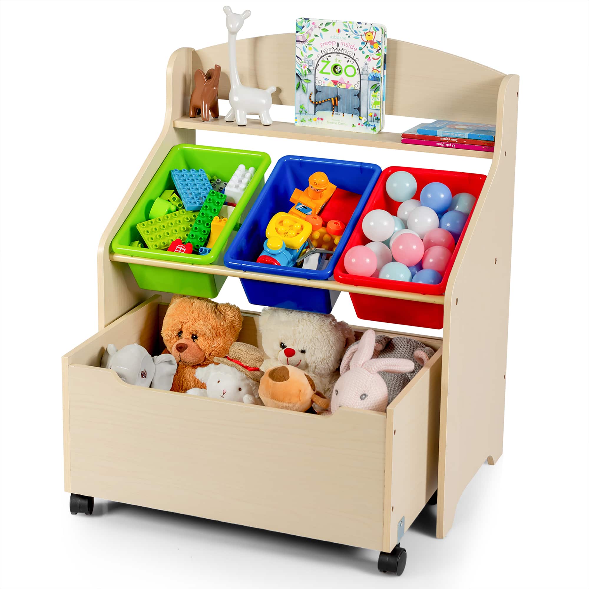 Costway - Kids Wooden Toy Storage Unit Organizer w/Rolling Toy Box & Plastic Bins - Natural