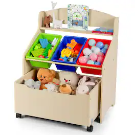 Costway - Kids Wooden Toy Storage Unit Organizer w/Rolling Toy Box & Plastic Bins - Natural