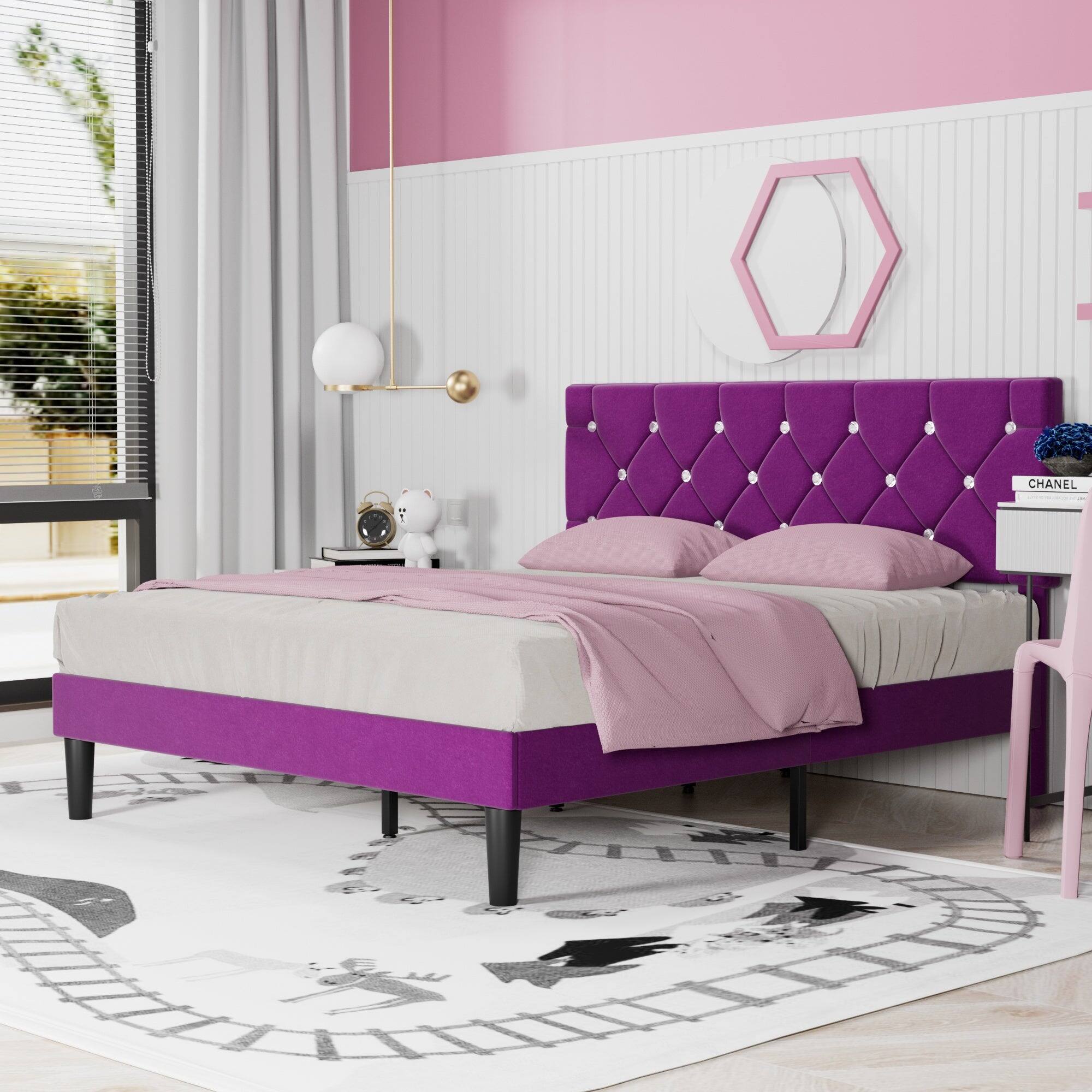 Left. Vecelo - Full Bed Frame with Upholstered Headboard, Heavy Duty Wooden Bed Slats - Noiseless Platform Bed, No Box Spring Required - Purple.