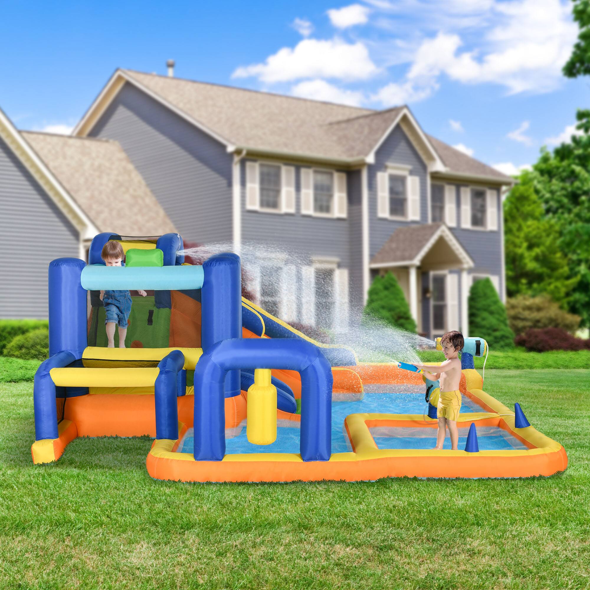 Angle. Outsunny - 7-in-1 Kids Inflatable Water Slide Bounce House, Water Park with Pool, Slide, Soccer Goal, Basketball Hoop, 2 Cannons.