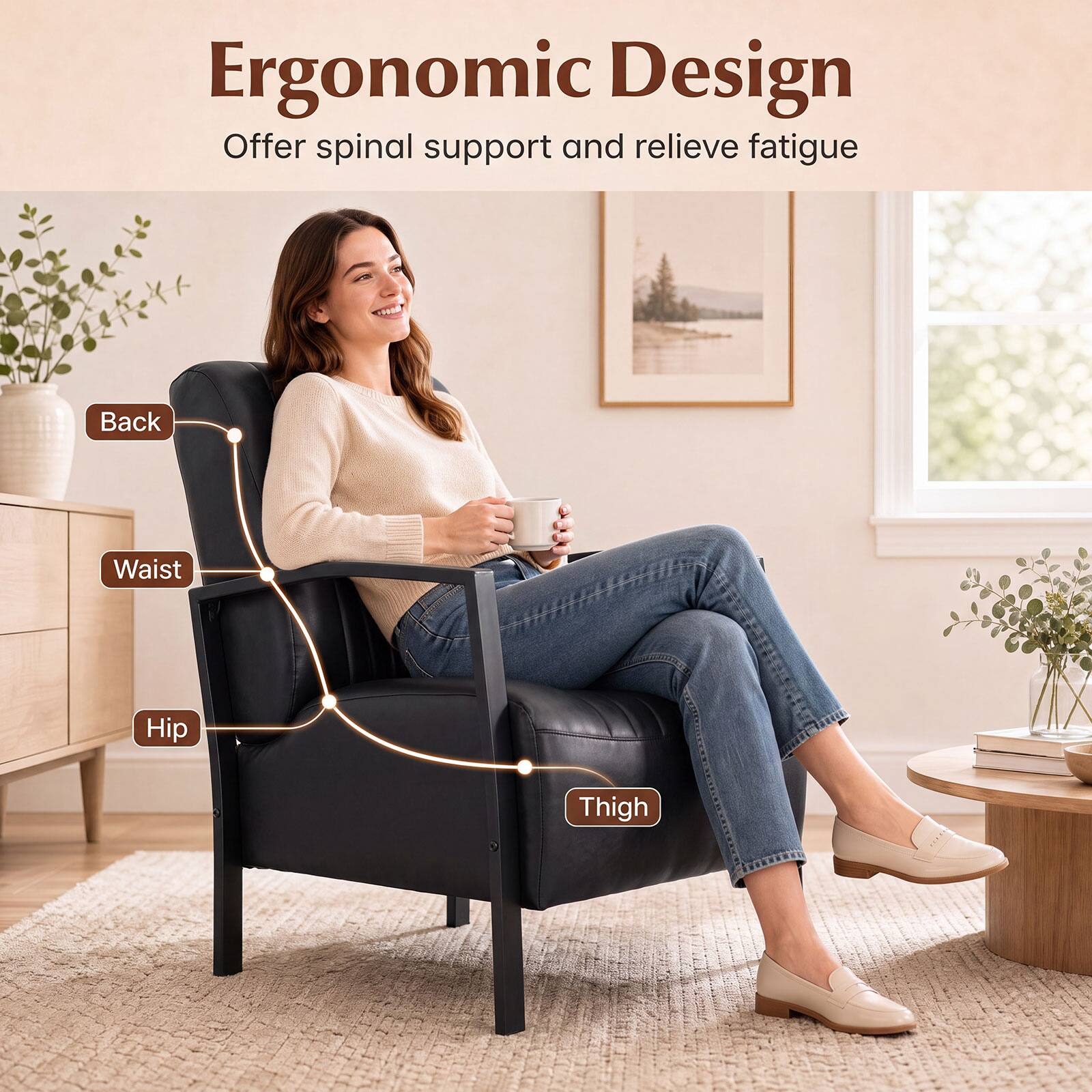 Ergonomic Design  
Offer spinal support and relieve fatigue  
Back  
Waist  
Hip  
Thigh