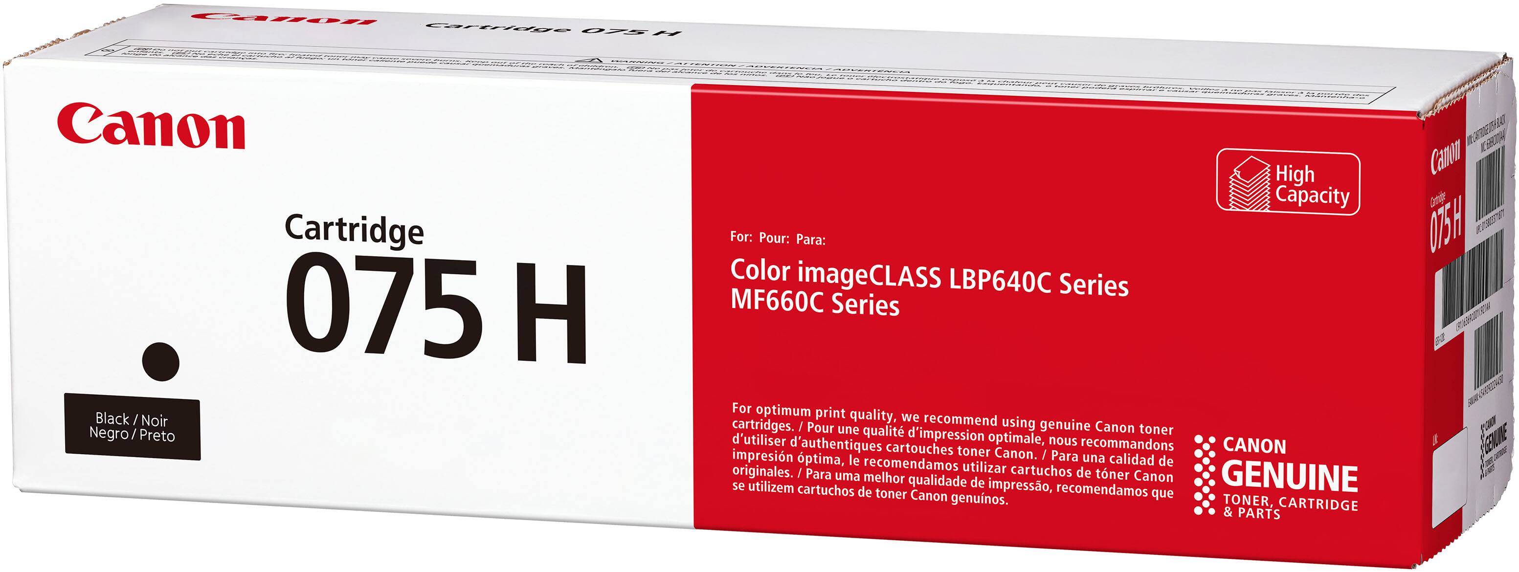 Canon  
Cartridge 075 H  
Black / Noir / Negro / Preto  

High Capacity  

For: Pour: Para:  
Color imageCLASS LBP640C Series  
MF660C Series  

For optimum print quality, we recommend using genuine Canon toner cartridges. / Pour une qualité d'impression optimale, nous recommandons d'utiliser des cartouches toner Canon originales. / Para una mejor calidad de impresión, recomendamos utilizar cartuchos de toner Canon genuinos.  

CANON GENUINE TONER, CARTRIDGE & PARTS