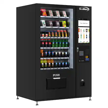 Push is a brand of vending machines that offer a variety of drinks, including soda, juice, and water. The image shows a Push vending machine with a large selection of drinks displayed in the cooler. The machine is black and has a digital display, which allows customers to easily choose their desired beverage. The drinks are organized in different sections, making it convenient for customers to find their preferred choice.