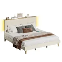 Bestier - King Size Upholstered Platform Bed Frame with LED Lighting and Adjustable Storage Headboard for Bedroom - Beige - Front_Zoom