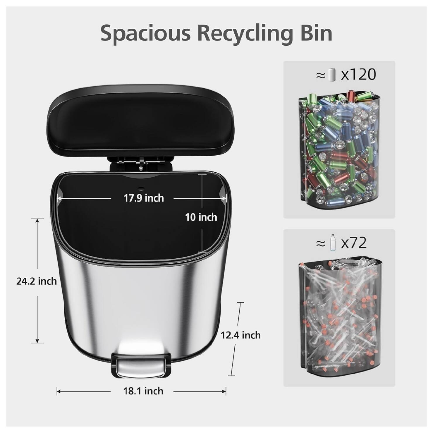 Spacious Recycling Bin  
Dimensions:  
- Height: 24.2 inch  
- Width: 18.1 inch  
- Depth: 17.9 inch  
- Lid Width: 10 inch  
- Lid Depth: 12.4 inch  

Capacity:  
- ~120 x 17.9 inch  
- ~72 x 10 inch