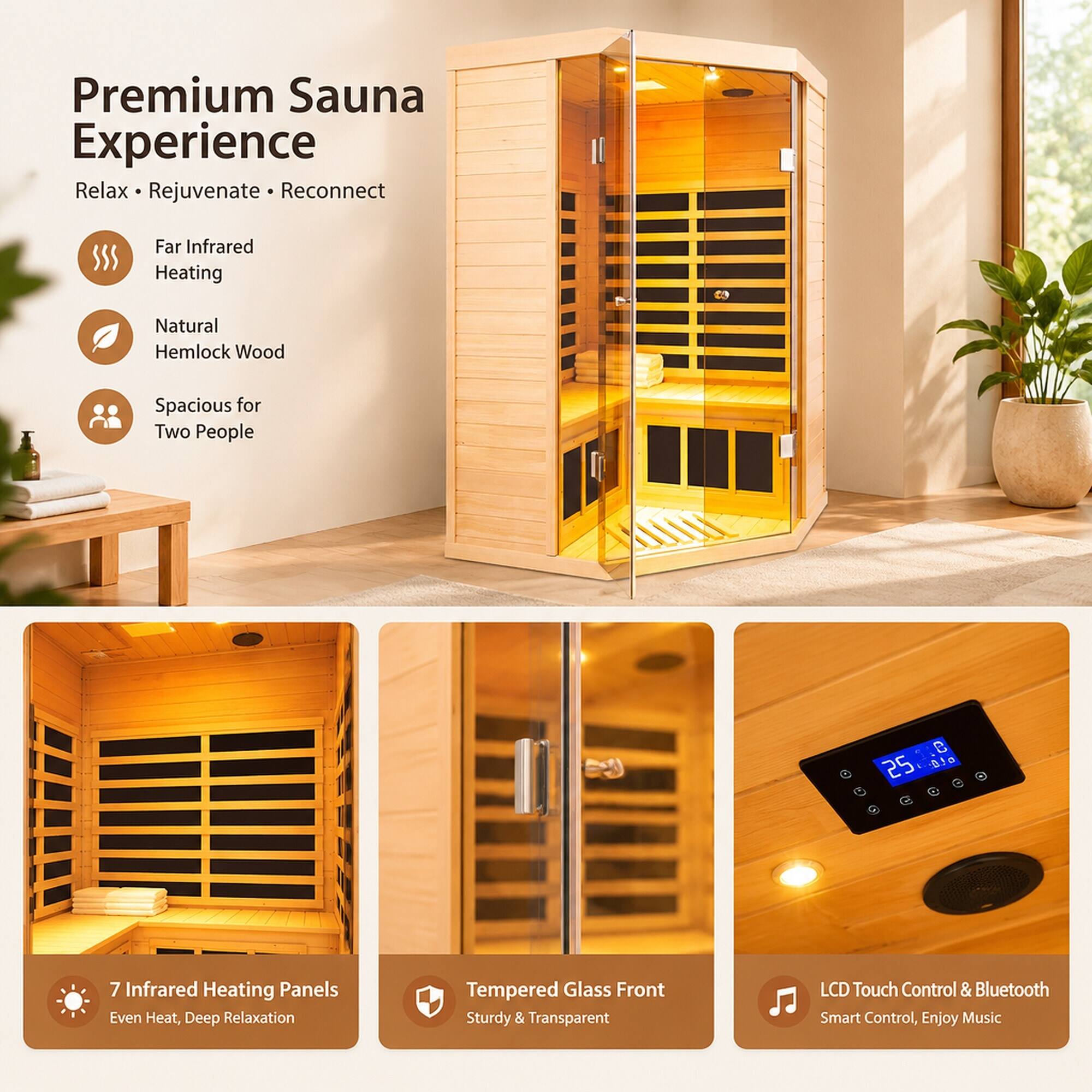 Premium Sauna Experience  
Relax • Rejuvenate • Reconnect

- Far Infrared Heating
- Natural Hemlock Wood
- Spacious for Two People

- 7 Infrared Heating Panels  
  Even Heat, Deep Relaxation

- Tempered Glass Front  
  Sturdy & Transparent

- LCD Touch Control & Bluetooth  
  Smart Control, Enjoy Music