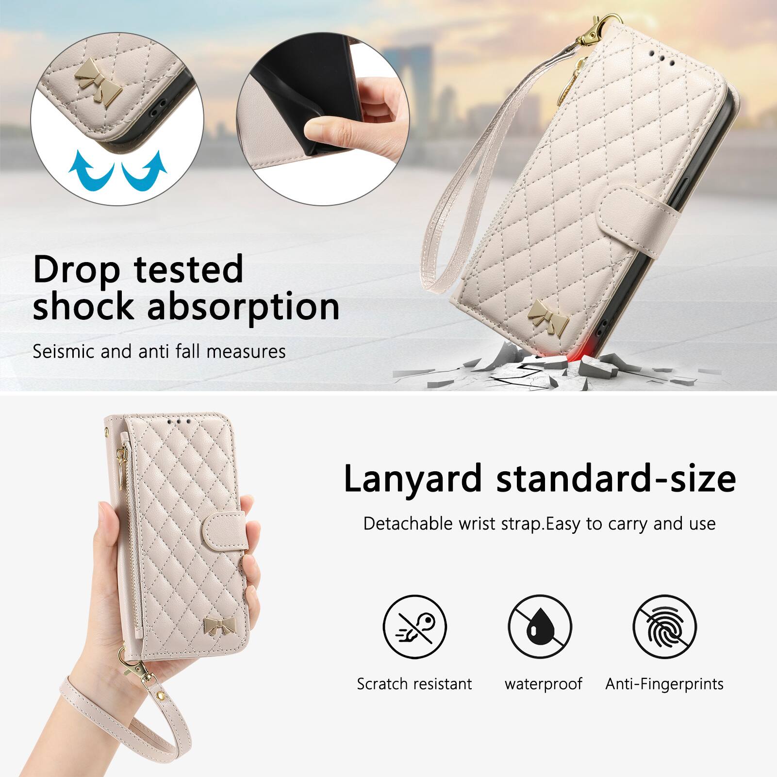 Drop tested shock absorption  
Seismic and anti fall measures  

Lanyard standard-size  
Detachable wrist strap. Easy to carry and use  

Scratch resistant  
Waterproof  
Anti-Fingerprints