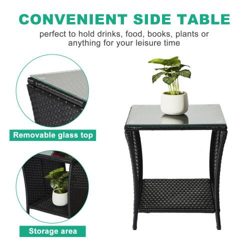 CONVENIENT SIDE TABLE  
perfect to hold drinks, food, books, plants or anything for your leisure time  

Removable glass top  
Storage area