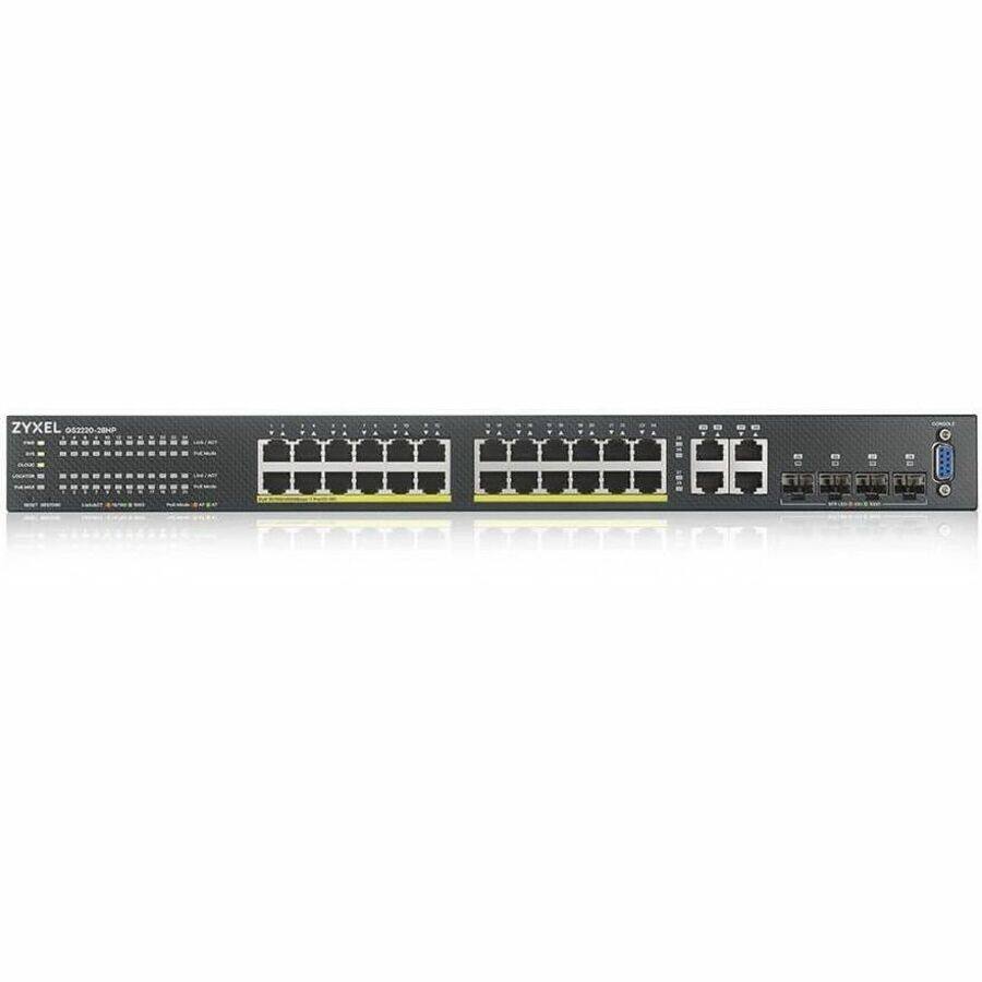 ZYXEL GS3320-28MP

28-Port Gigabit Smart Switch

Features:
- 24 x 10/100/1000BASE-T RJ45 ports
- 4 x SFP ports
- 2 x 10/100/1000BASE-T SFP+ ports
- 2 x USB ports
- 1 x Console port

Specifications:
- Power over Ethernet (PoE) support
- Energy Efficient Ethernet (EEE)
- Auto-negotiation
- Link Aggregation
- VLAN support
- QoS
- Security features
- Web-based management

Dimensions:
- 440 x 140 x 44 mm

Weight:
- 1.5 kg

Operating Temperature:
- 0°C to 40°C

Storage Temperature:
- -20°C to 60°C

Humidity:
- 10% to 90% non-condensing

Certifications:
- CE, FCC, RoHS

Warranty:
- 3 years

Note: The image shows the back panel of the switch with the ports and indicators.