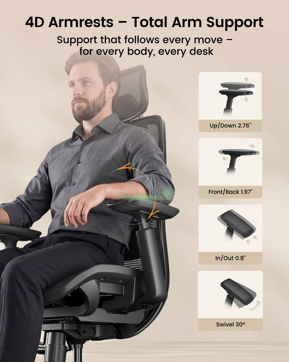 4D Armrests - Total Arm Support  
Support that follows every move - for every body, every desk

Up/Down 2.76"  
Front/Back 1.97"  
In/Out 0.8"  
Swivel 30°
