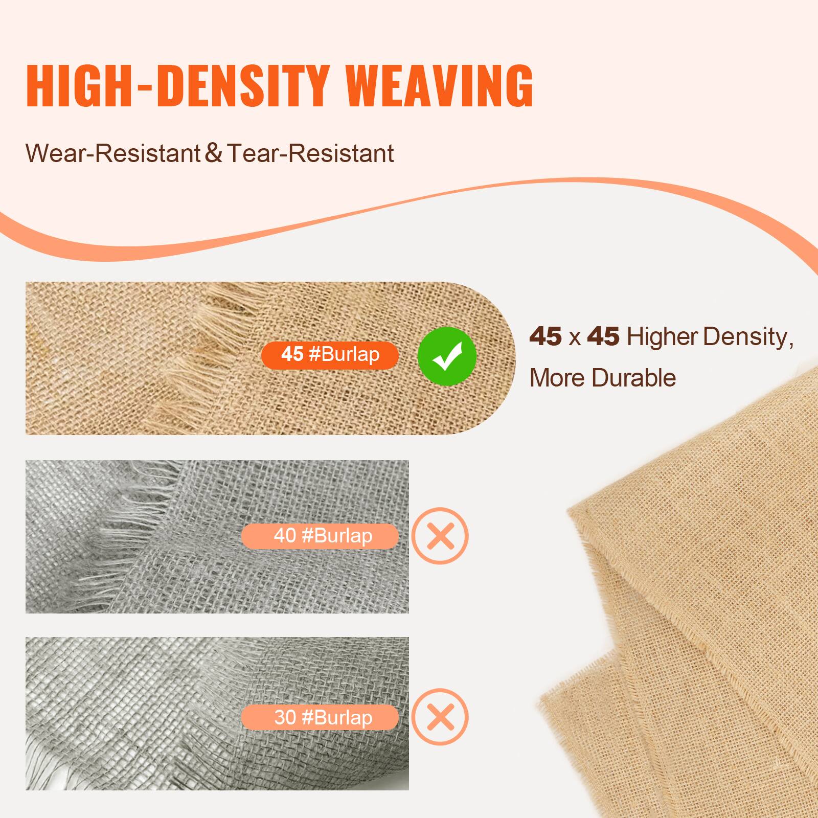 HIGH-DENSITY WEAVING  
Wear-Resistant & Tear-Resistant  

45 #Burlap  
45 x 45 Higher Density, More Durable  

40 #Burlap  
30 #Burlap
