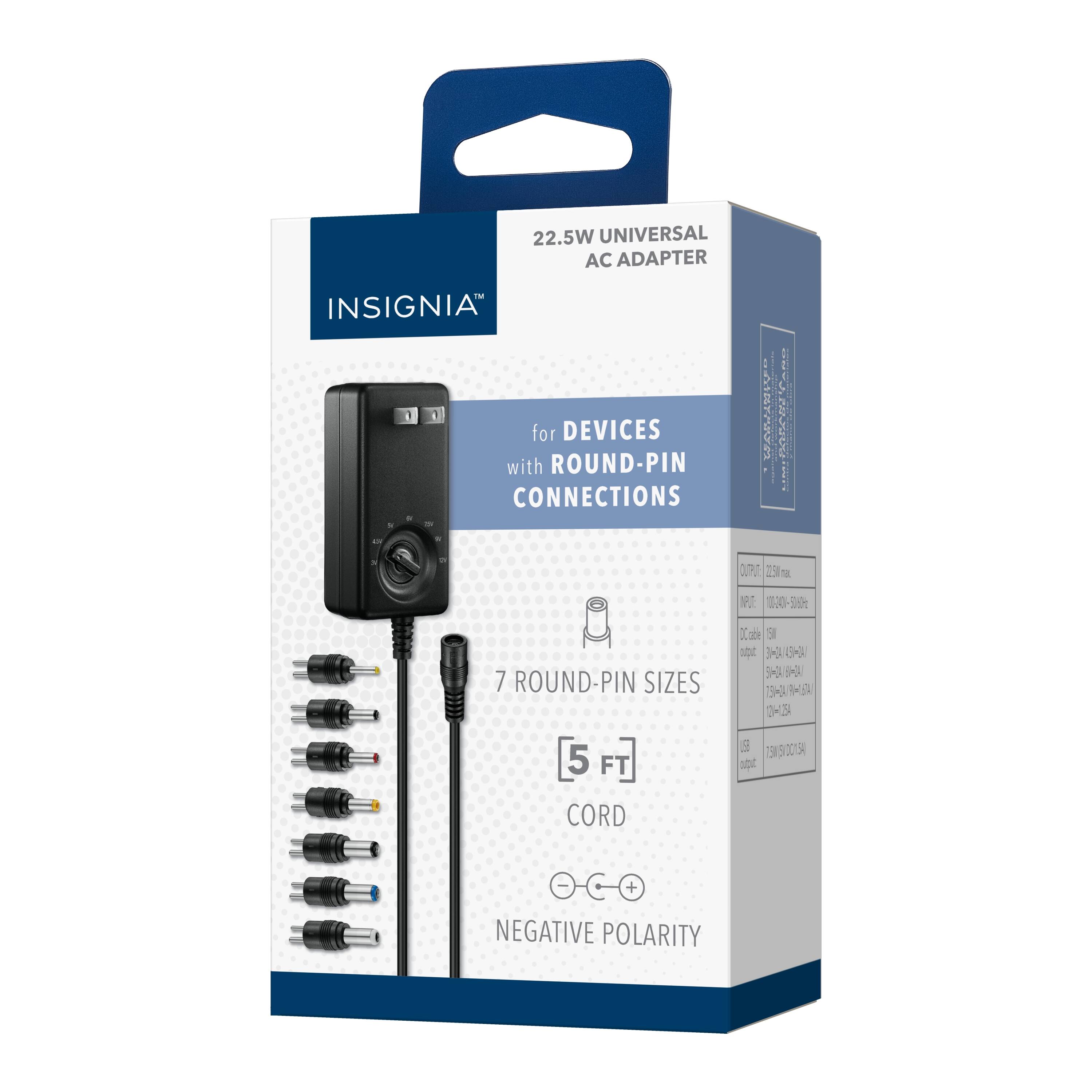 22.5W UNIVERSAL AC ADAPTER - INSIGNIA - for DEVICES with ROUND-PIN CONNECTIONS - 7 ROUND-PIN SIZES - 5 FT CORD - NEGATIVE POLARITY