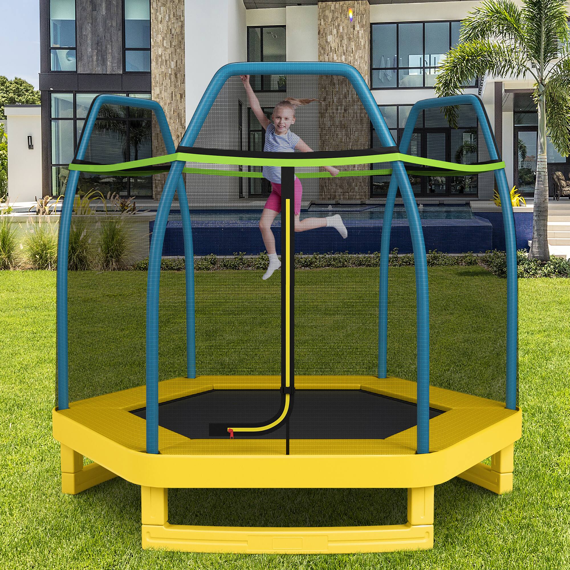 Alt View 1. Costway - Costway 7FT Kids Trampoline Outdoor Indoor Recreational Bounce Jumper - Green,Yellow Mat.