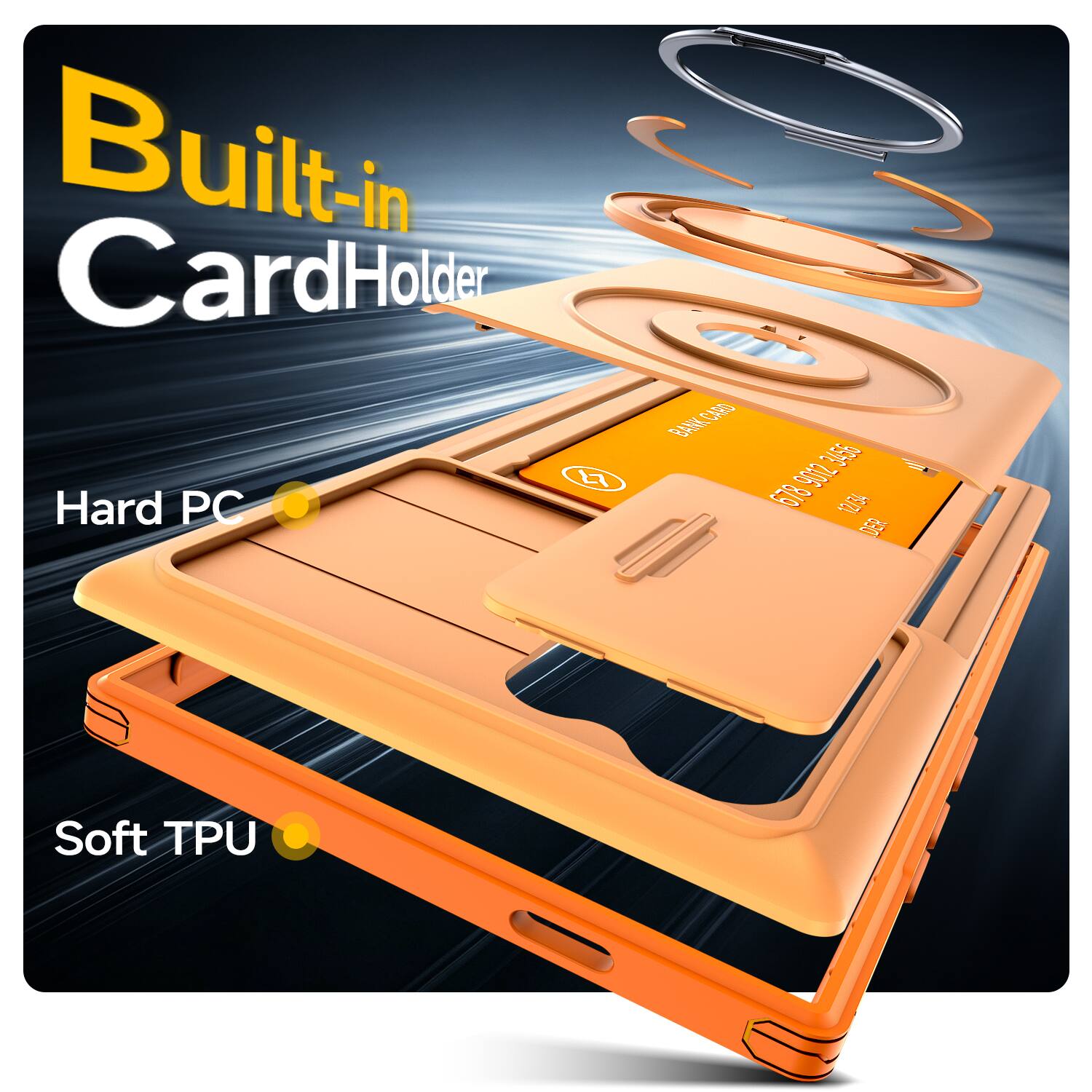 Built-in Card Holder

Hard PC

BANK CARD
9012 3456 ET 678 12/34 DER

Soft TPU