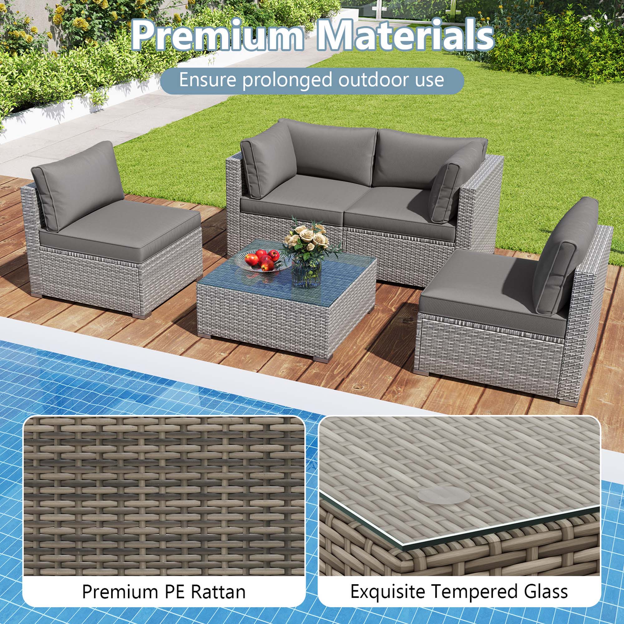 Premium Materials

Ensure prolonged outdoor use

Premium PE Rattan

Exquisite Tempered Glass