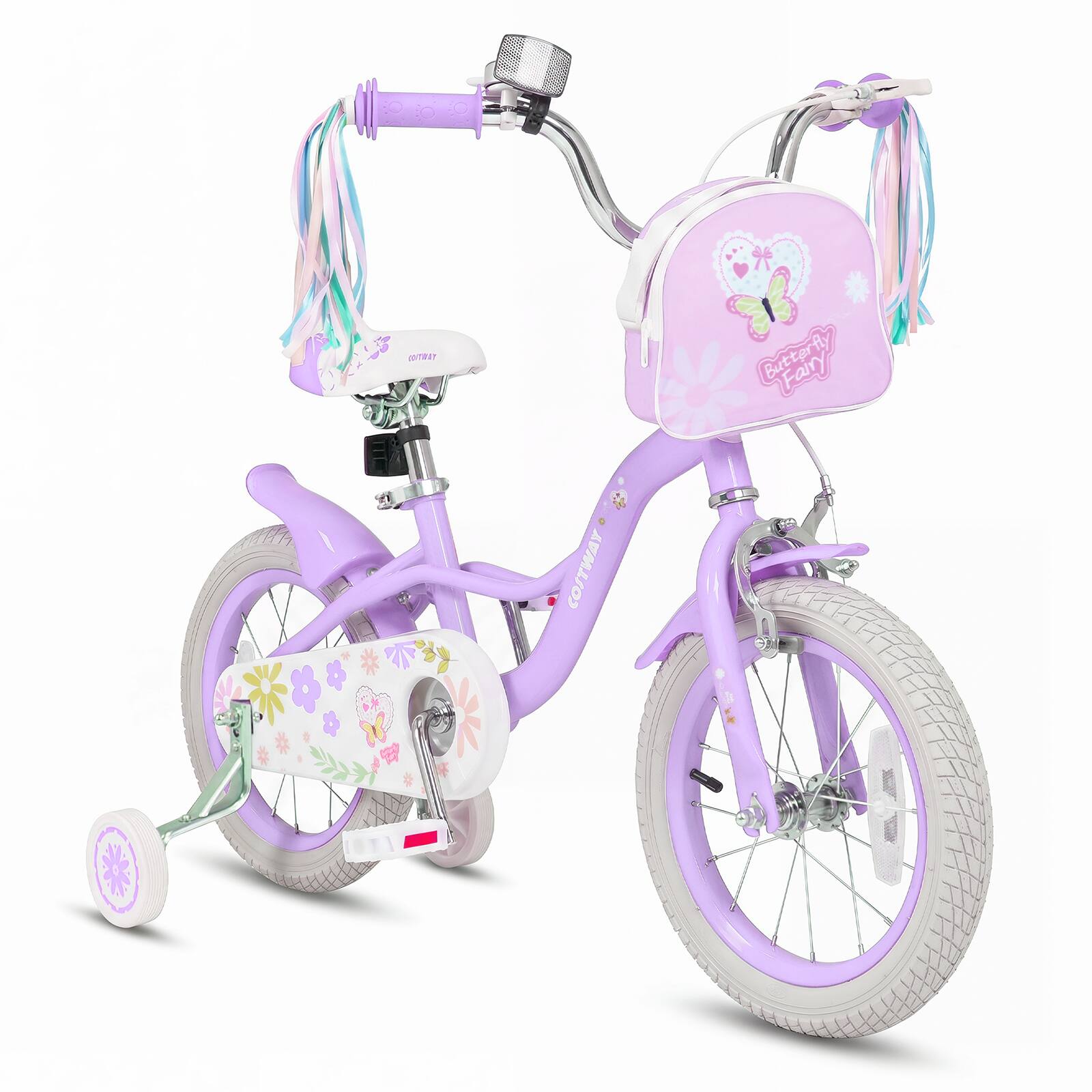 Costway - 14" Girls Bike with Front Bag Streamers Children Training Bicycle for 3-5 Years Old - Purple