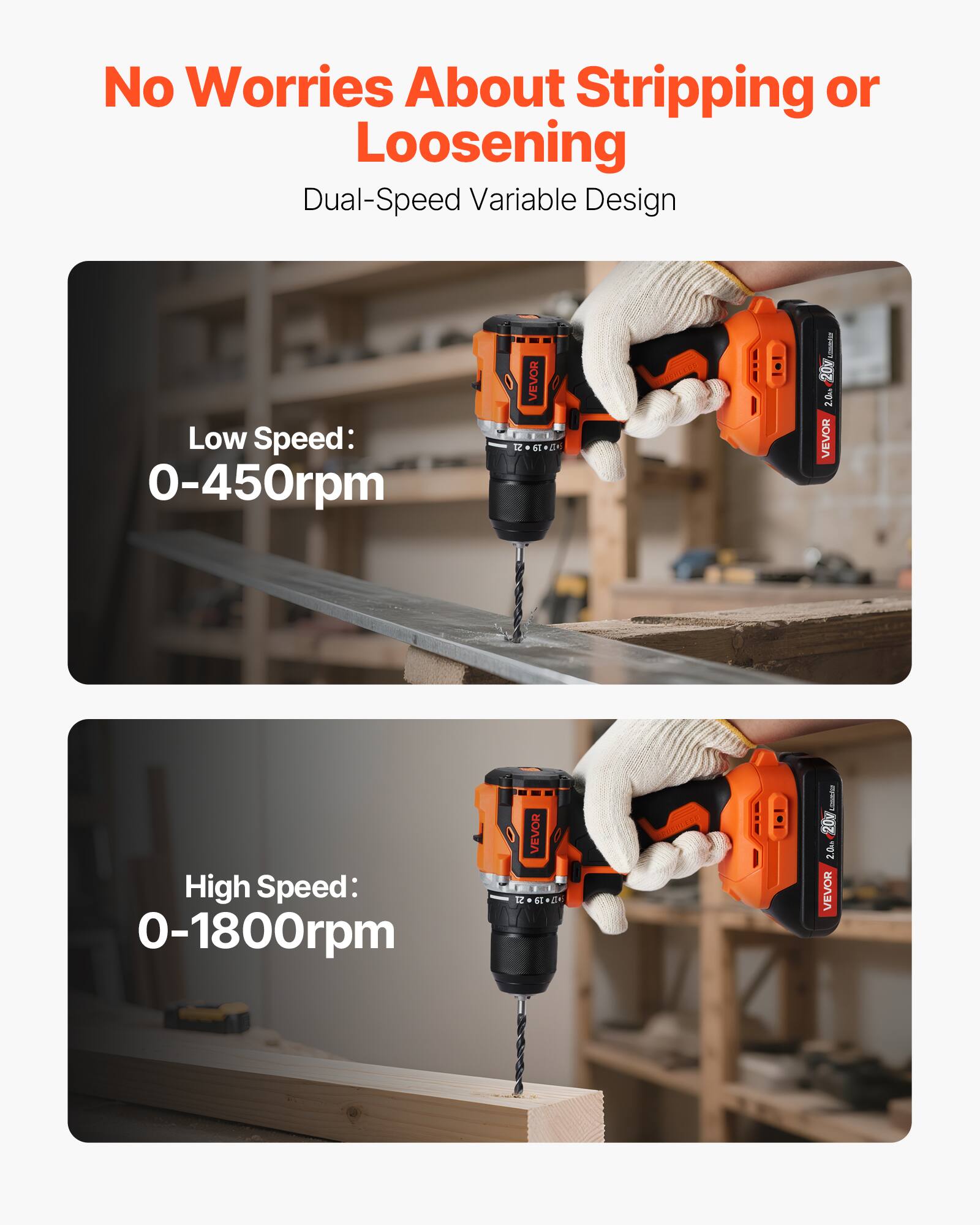 No Worries About Stripping or Loosening  
Dual-Speed Variable Design  

Low Speed: 0-450rpm  

High Speed: 0-1800rpm