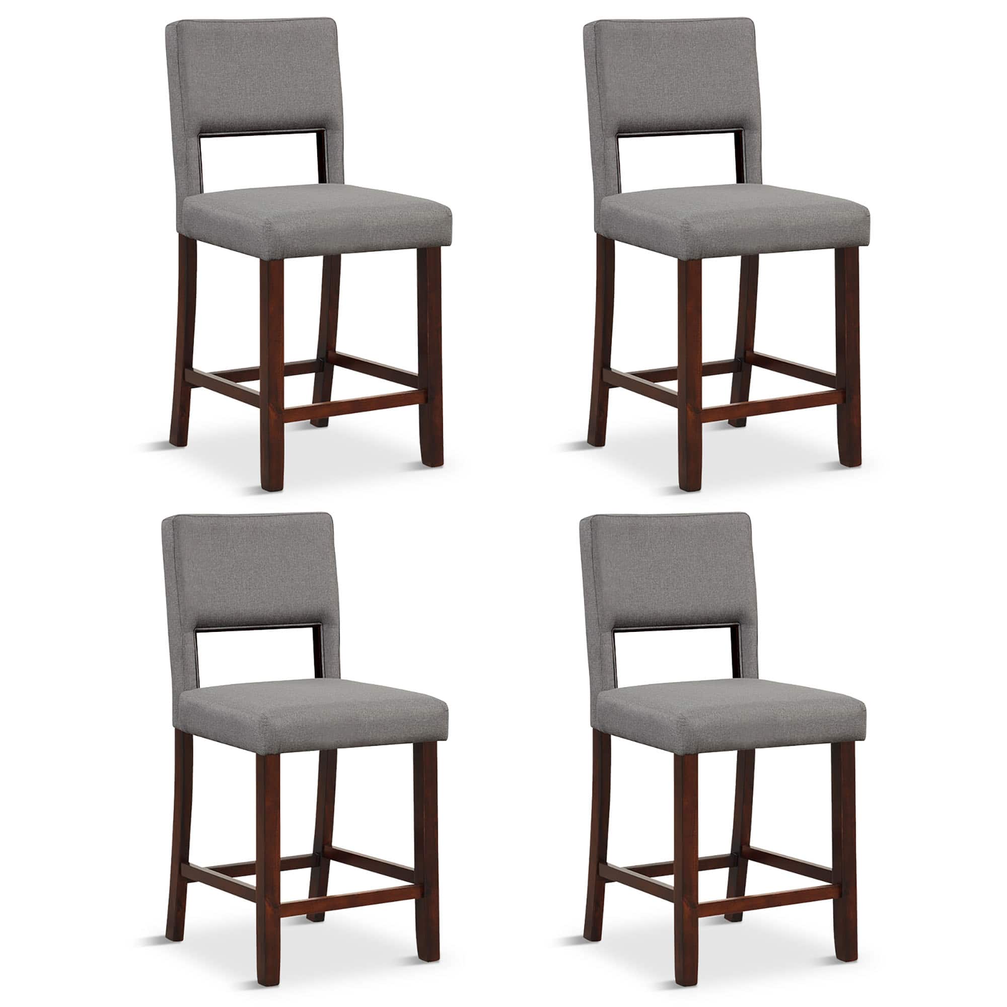 Gymax - 4-Piece Linen Fabric Counter Height Bar Stool Set w/ Back & Rubber Wood Legs Grey - Grey+Brown