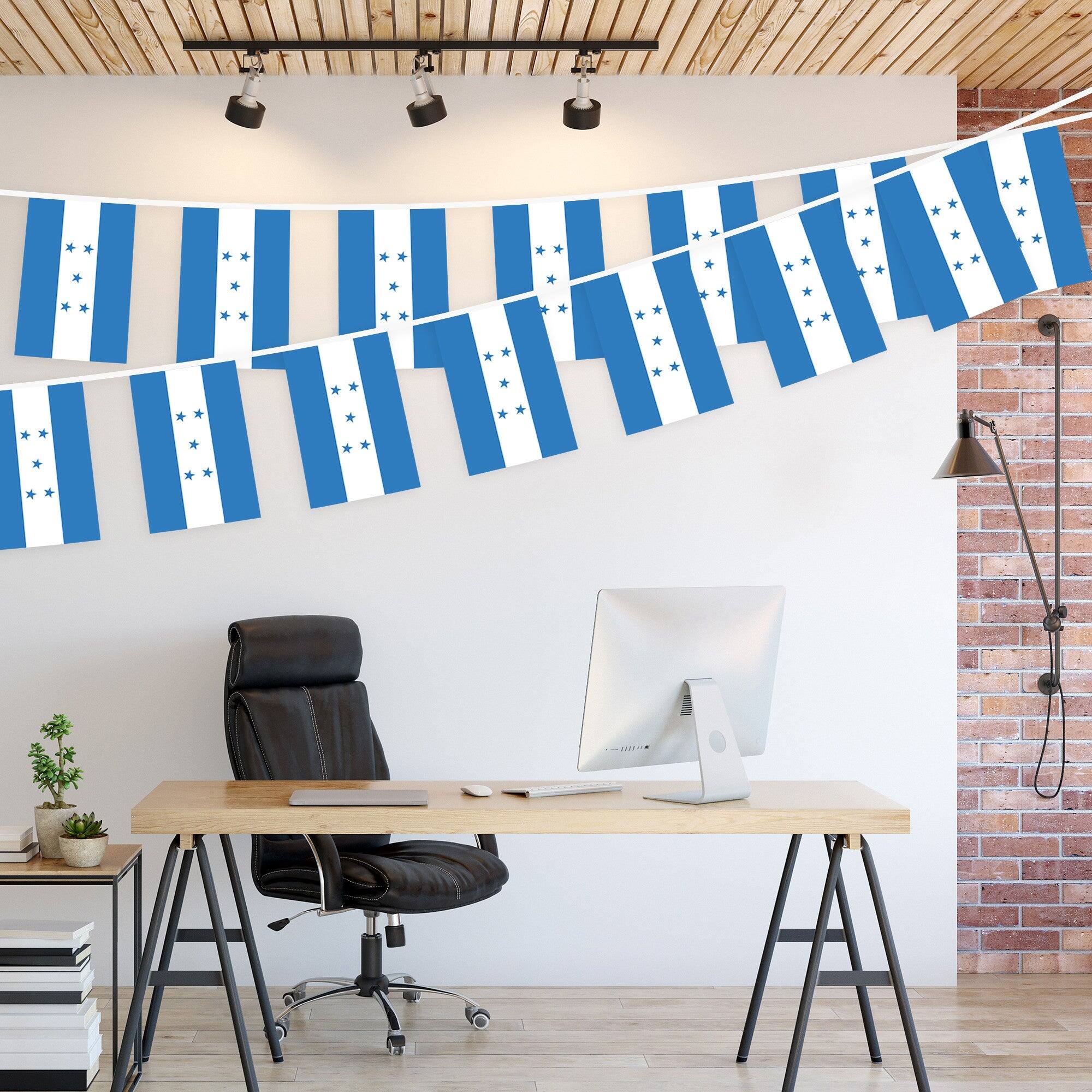 Left. G128 - Honduras Bunting Banner, 33 ft String with 38 Mini Flags (8.2 x 5.5 in). - Assorted Colors.