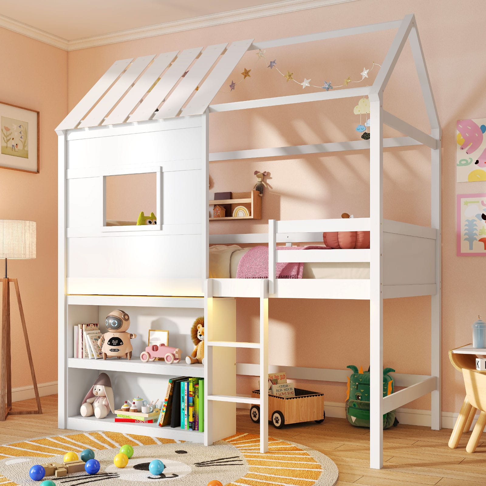 Gymax - Twin Size Loft Bed w/ LED Lights & Roof Window & Storage Bookshelf & Guardrails - White