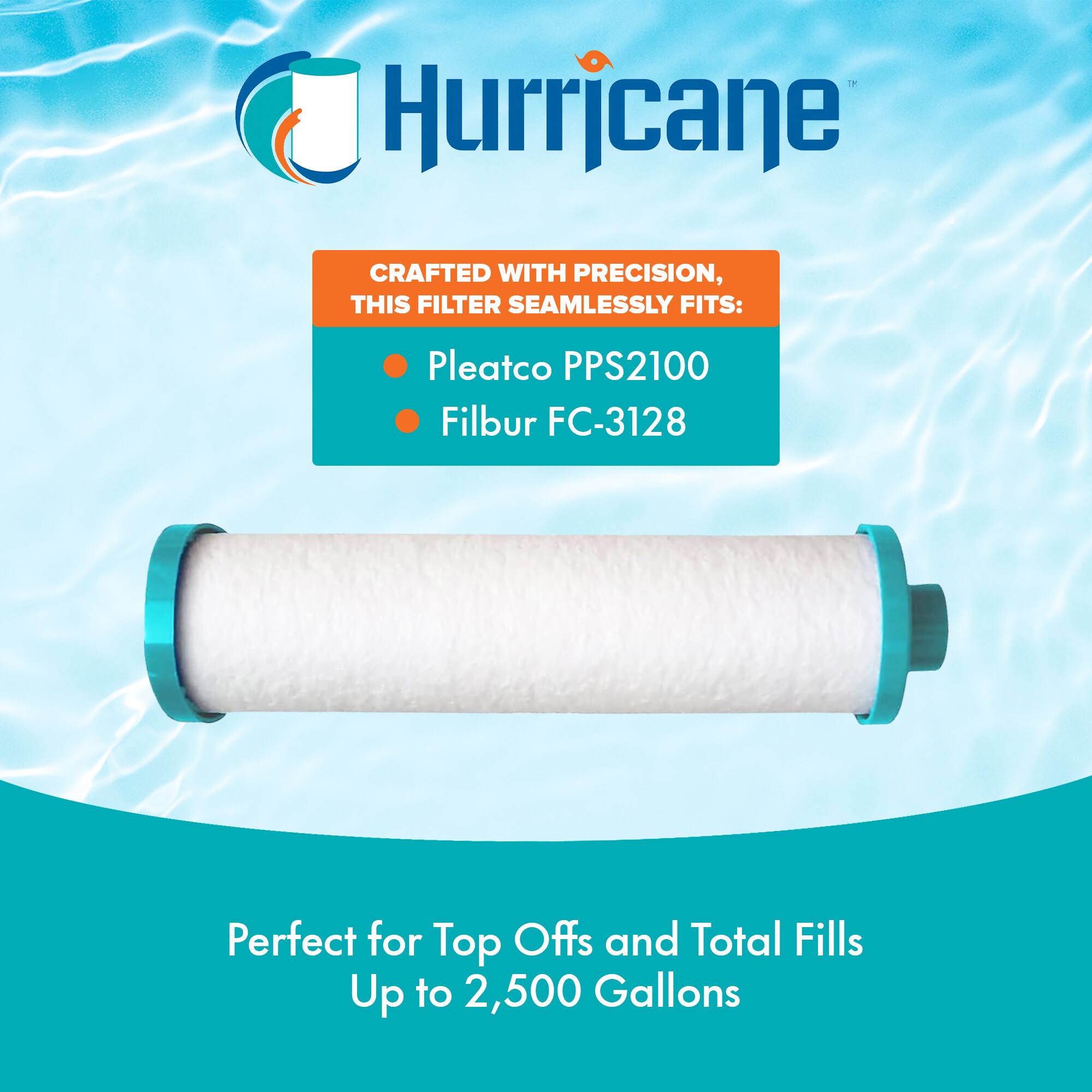 Hurricane

CRAFTED WITH PRECISION, THIS FILTER SEAMLESSLY FITS:
- Pleatco PPS2100
- Filbur FC-3128

Perfect for Top Offs and Total Fills Up to 2,500 Gallons