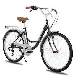 HILAND - 26 Inch Beach Cruiser Bike for Adults, 7 Speed Step-Through Women Bicycle with Rear Rack, Hybrid Bike - Black