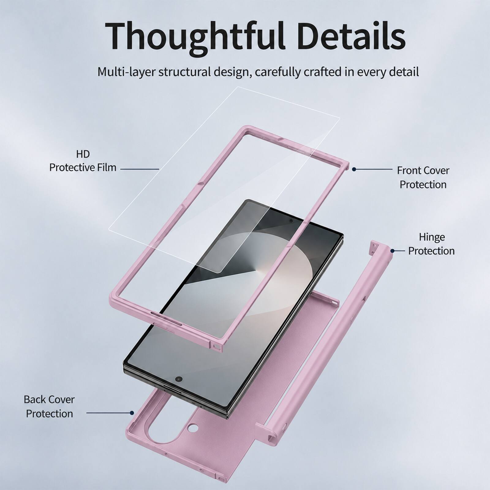 Thoughtful Details  
Multi-layer structural design, carefully crafted in every detail  
HD Protective Film  
Front Cover Protection  
Hinge Protection  
Back Cover Protection