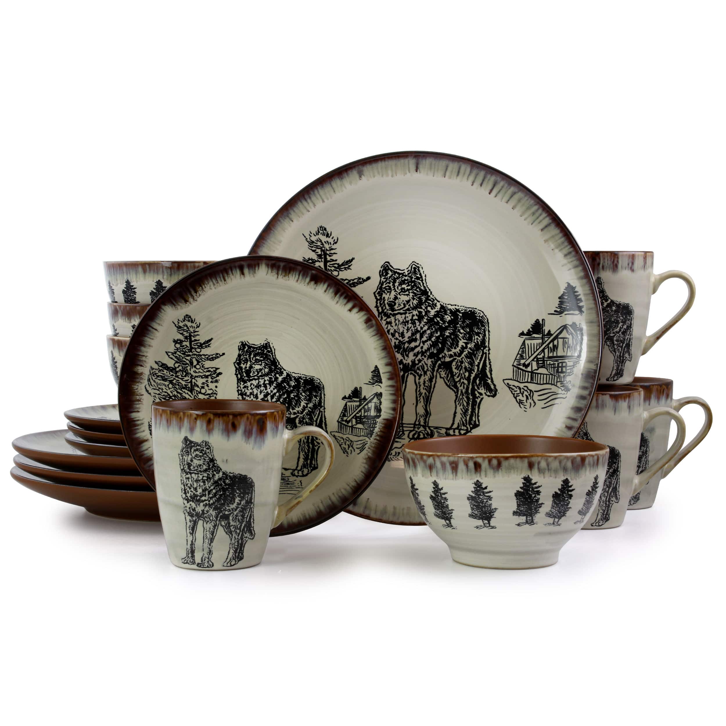 Front. Elama - Elama Majestic Wolf 16 Piece Luxurious Stoneware Dinnerware with Complete Setting for 4 - Taupe and Brown.