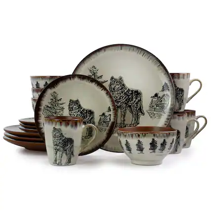 Front. Elama - Elama Majestic Wolf 16 Piece Luxurious Stoneware Dinnerware with Complete Setting for 4 - Taupe and Brown.