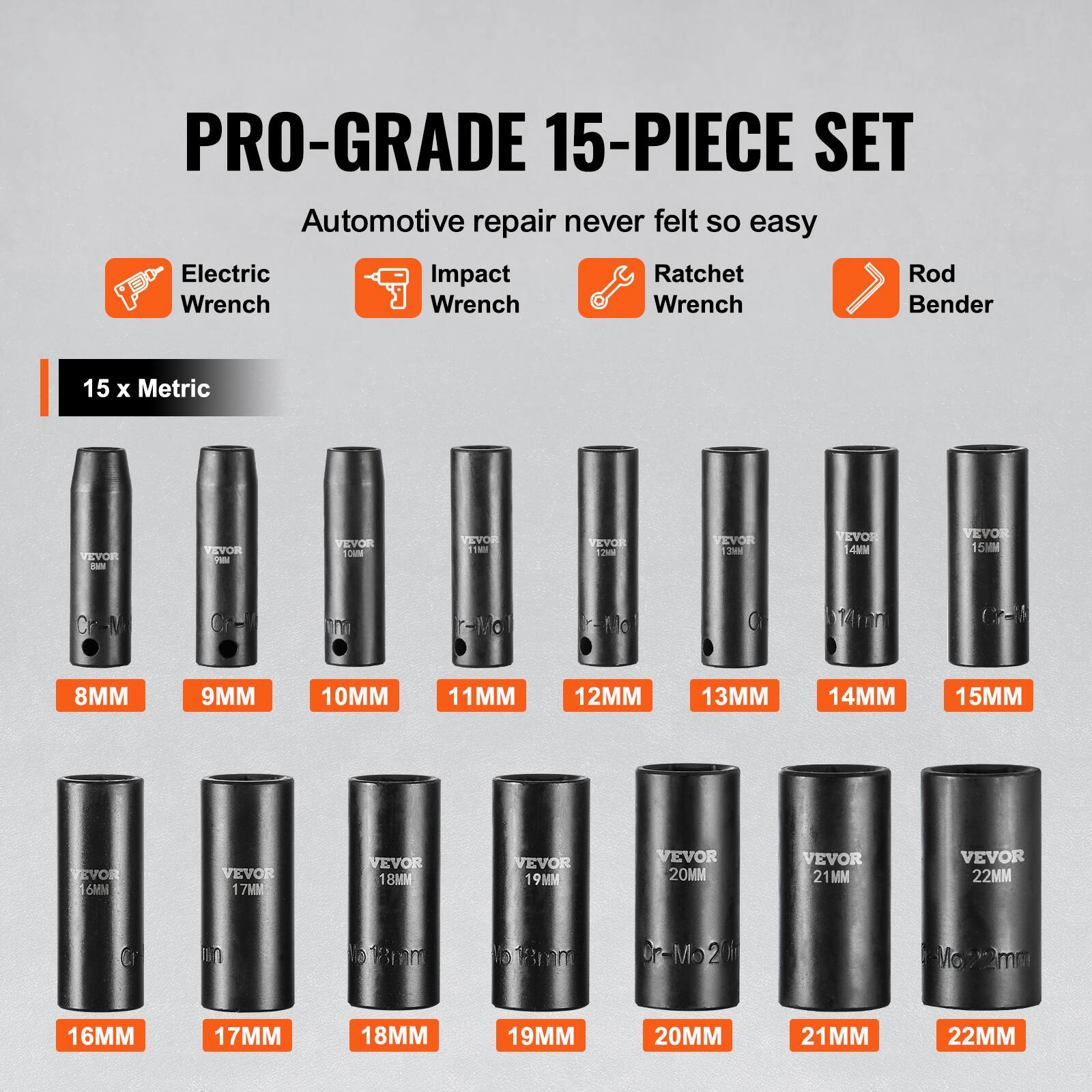 PRO-GRADE 15-PIECE SET Automotive repair never felt so easy Electric Wrench Impact Wrench Ratchet Wrench Bender 15 x Metric VEVOR - VEVOR 8MM 9MM 10MM 11MM 12MM 13MM 14MM 15MM 16MM 17MM 18MM 19MM 20MM 21MM 22MM