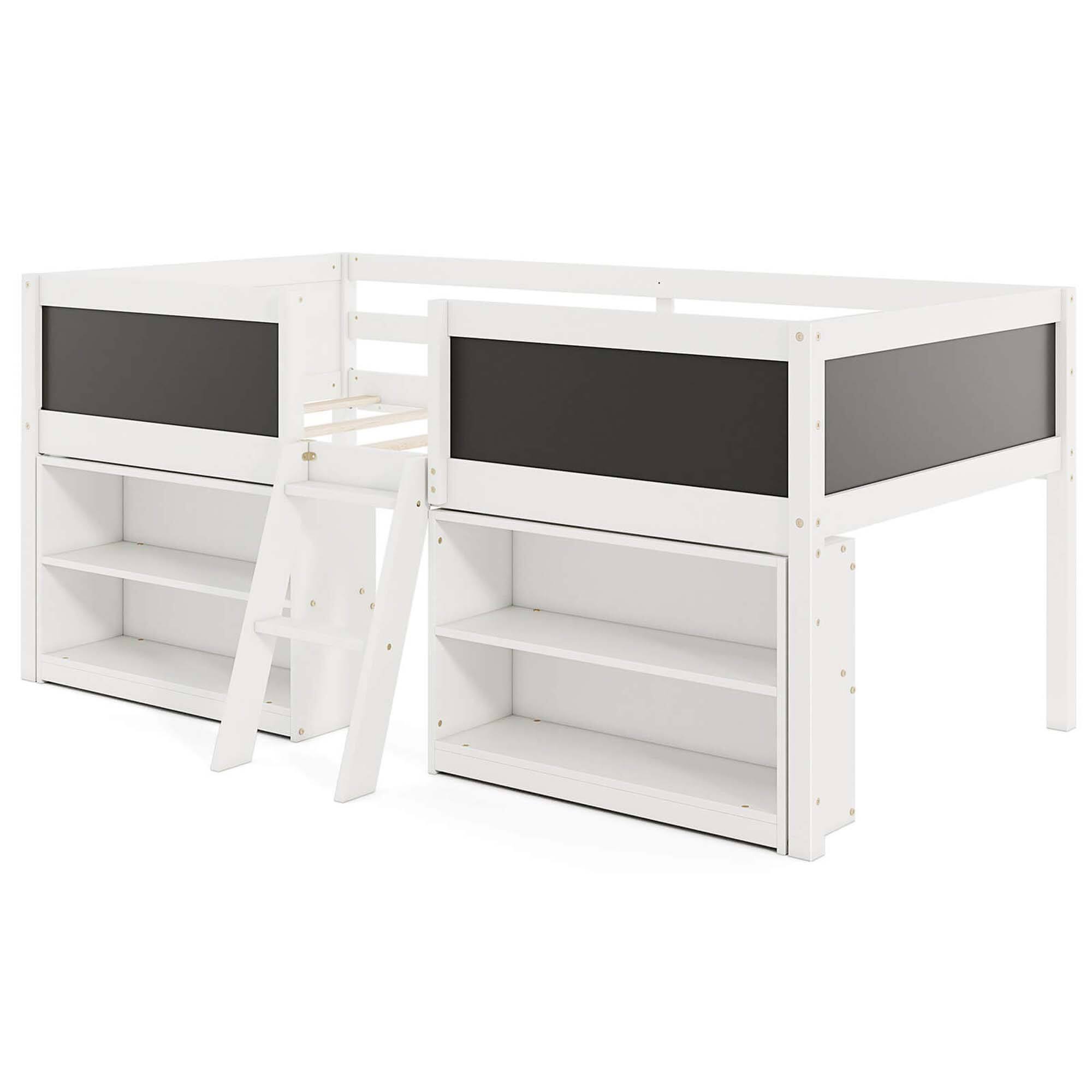Costway - Twin Size Low Loft Bed with Ramp Ladder & Bookcases Full-length Safety Guardrail - White
