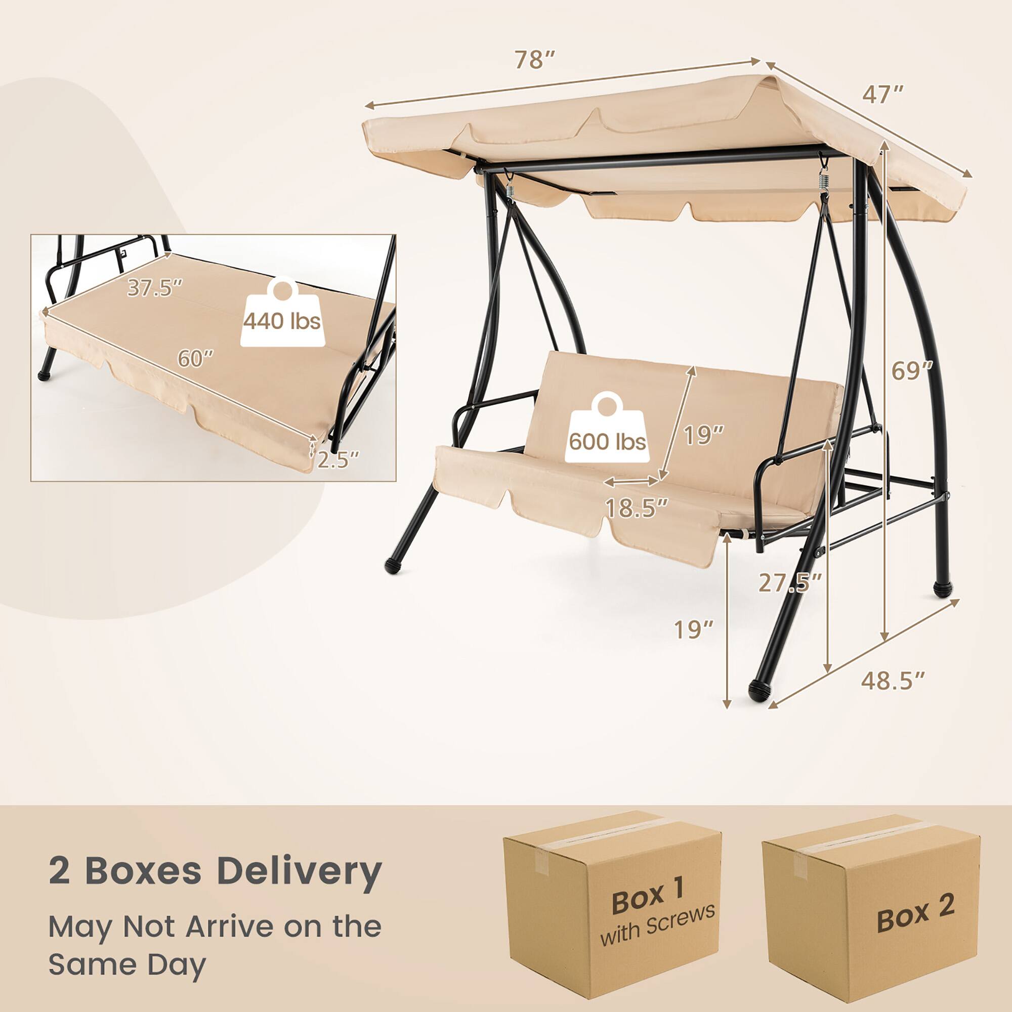 Alt View 2. Gymax - Gymax Outdoor Swing Chair Glider Patio Hammock Converting Flatbed w/ Adjustable Canopy - Beige.