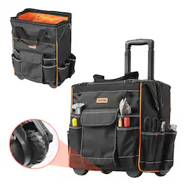 VEVOR - Rolling Tool Bag, 110 lbs Load Capacity, 25 Pockets Heavy Duty Roller Tool Bag on Wheels, Adjustable Telescoping Handle - Black,Orange