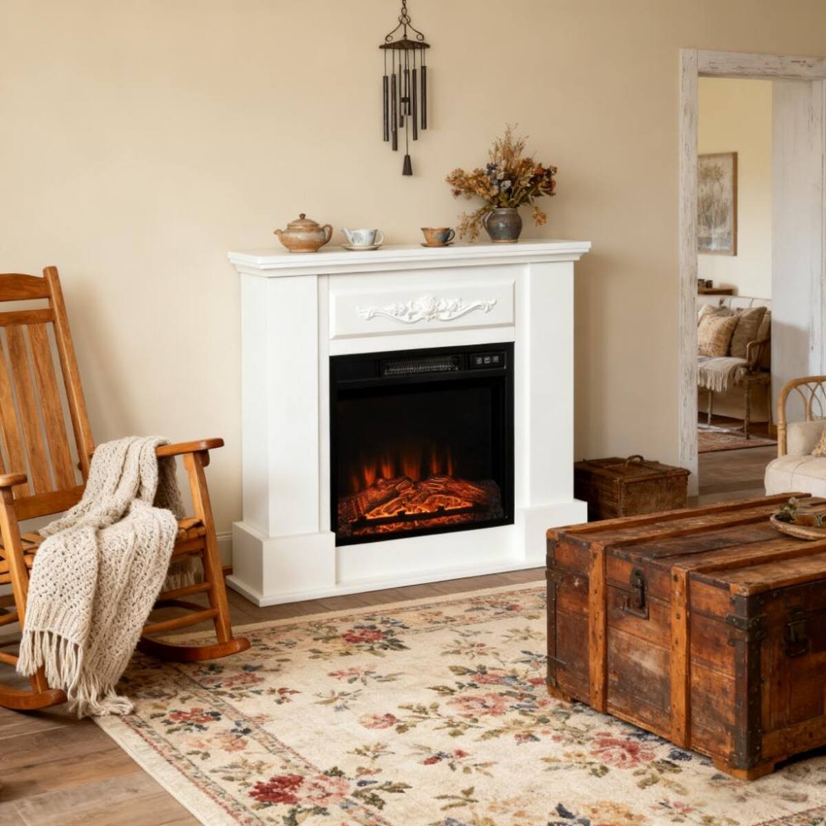 Alt View 5. Loheer - Loheer White Electric Fireplace with Mantel 1400W Heater Freestanding TV Stand - White.
