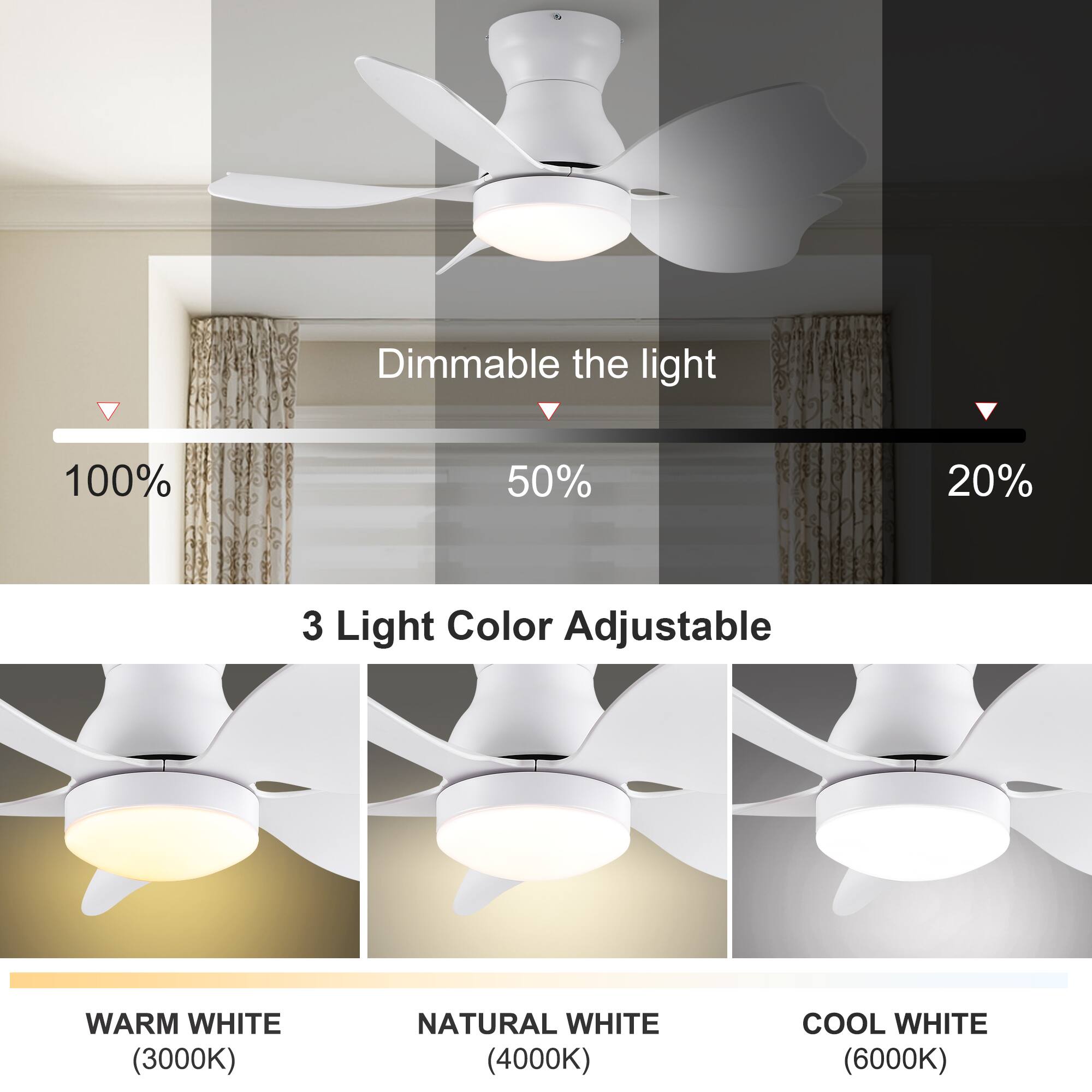 Dimmable the light  
100% 50% 20%  

3 Light Color Adjustable  
WARM WHITE (3000K)  
NATURAL WHITE (4000K)  
COOL WHITE (6000K)