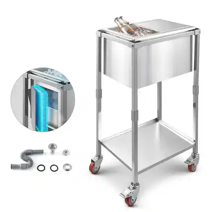 Front. VEVOR - Rolling Ice Chest Cooler Cart, 20"L x 14"W x 38"H Stainless Steel Cooling Bin on Wheels - Silver.