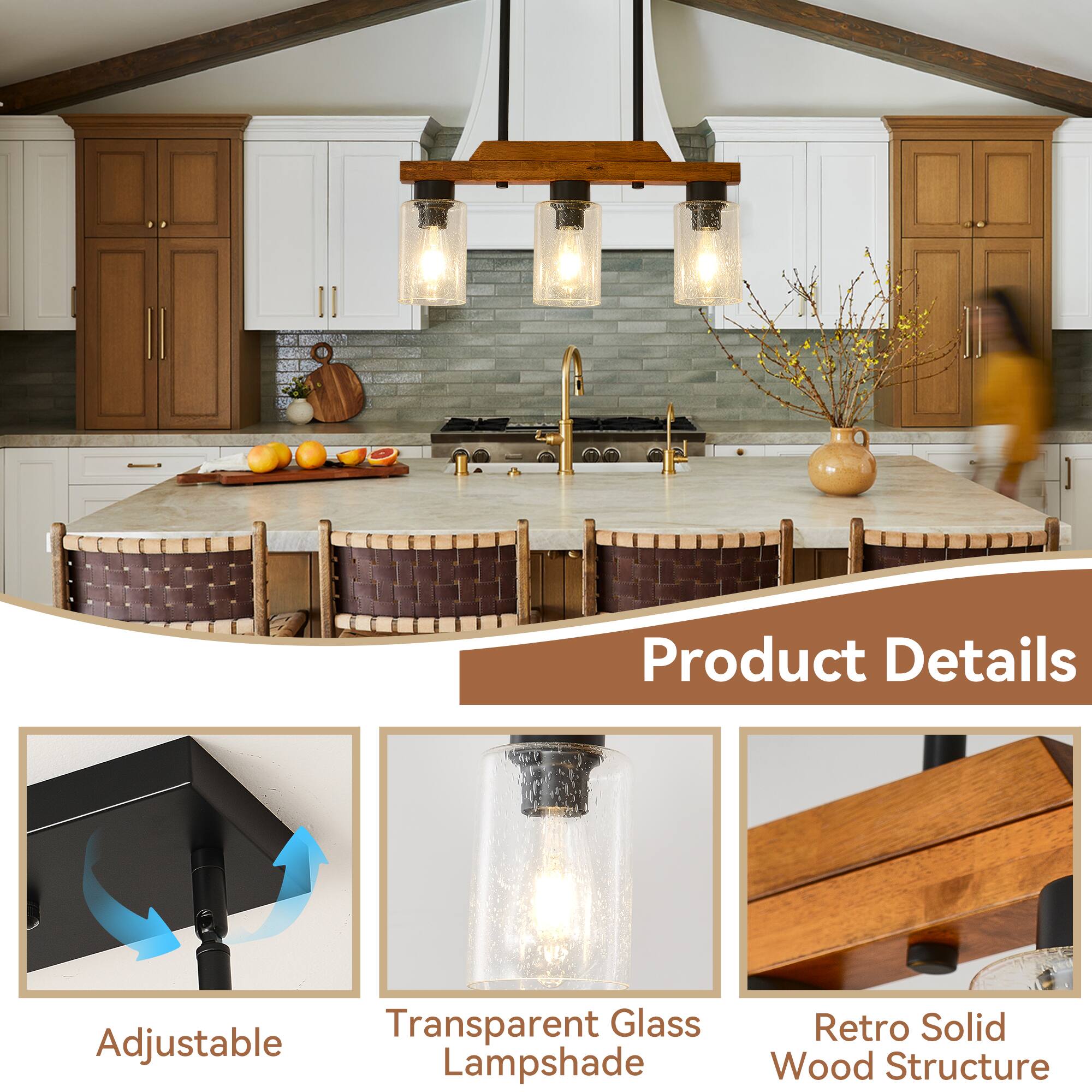 Product Details

- Adjustable
- Transparent Glass Lampshade
- Retro Solid Wood Structure