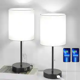 Nordic Hygge - Table Lamps Set of 2 with USB Charging Ports, White Bedside Lamps with AC Outlet, Nightstand Lamps with Pull Chain - White(Shade)