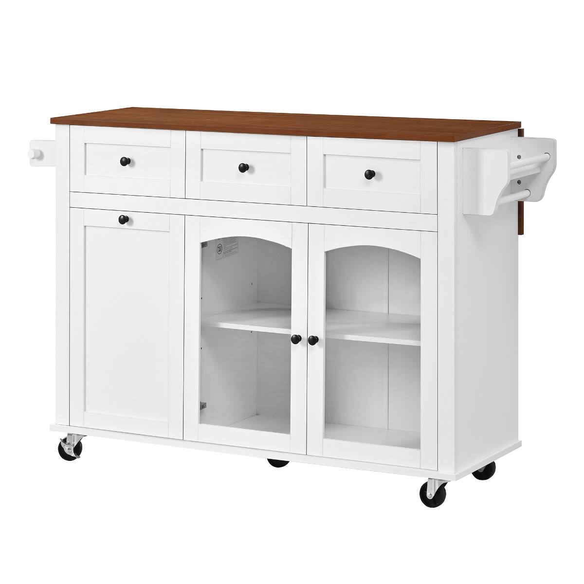Alt View 9. Loheer - Loheer 54.2 inch mobile kitchen island rolling kitchen cart with trash bin cabinet white and walnut kitchen prep table - White+Walnut.